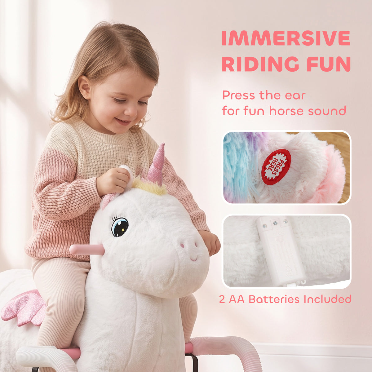 Kids Spring Rocking Horse, Unicorn Ride on Horse with Neighing Sounds, Plush Animal Ride on Toy for Ages 3+, White