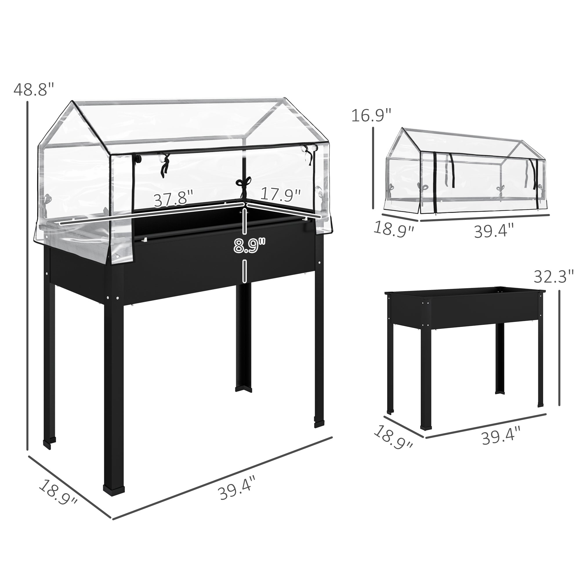 Elevated Garden Box with Greenhouse Cover, Raised Garden Bed with Legs and Drainage Hole for Vegetables, Black - Black - Image 3