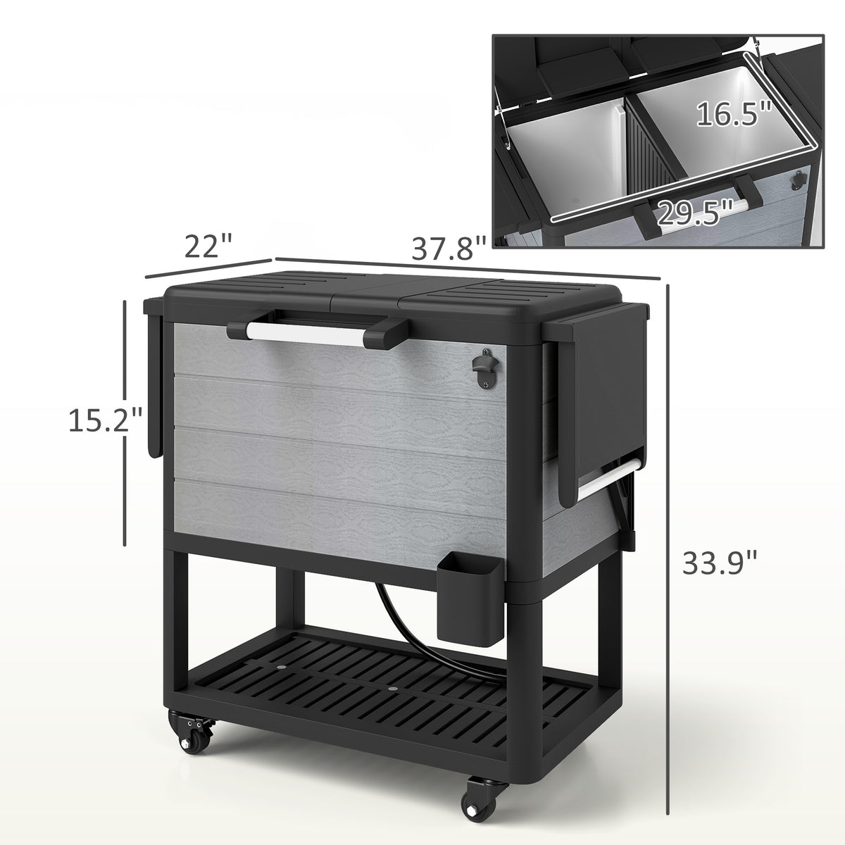 104 Quart Large Capacity Outdoor Cooler Cart, Patio Rolling Ice Chest with Bottle Opener Shelves Wheels, Gray