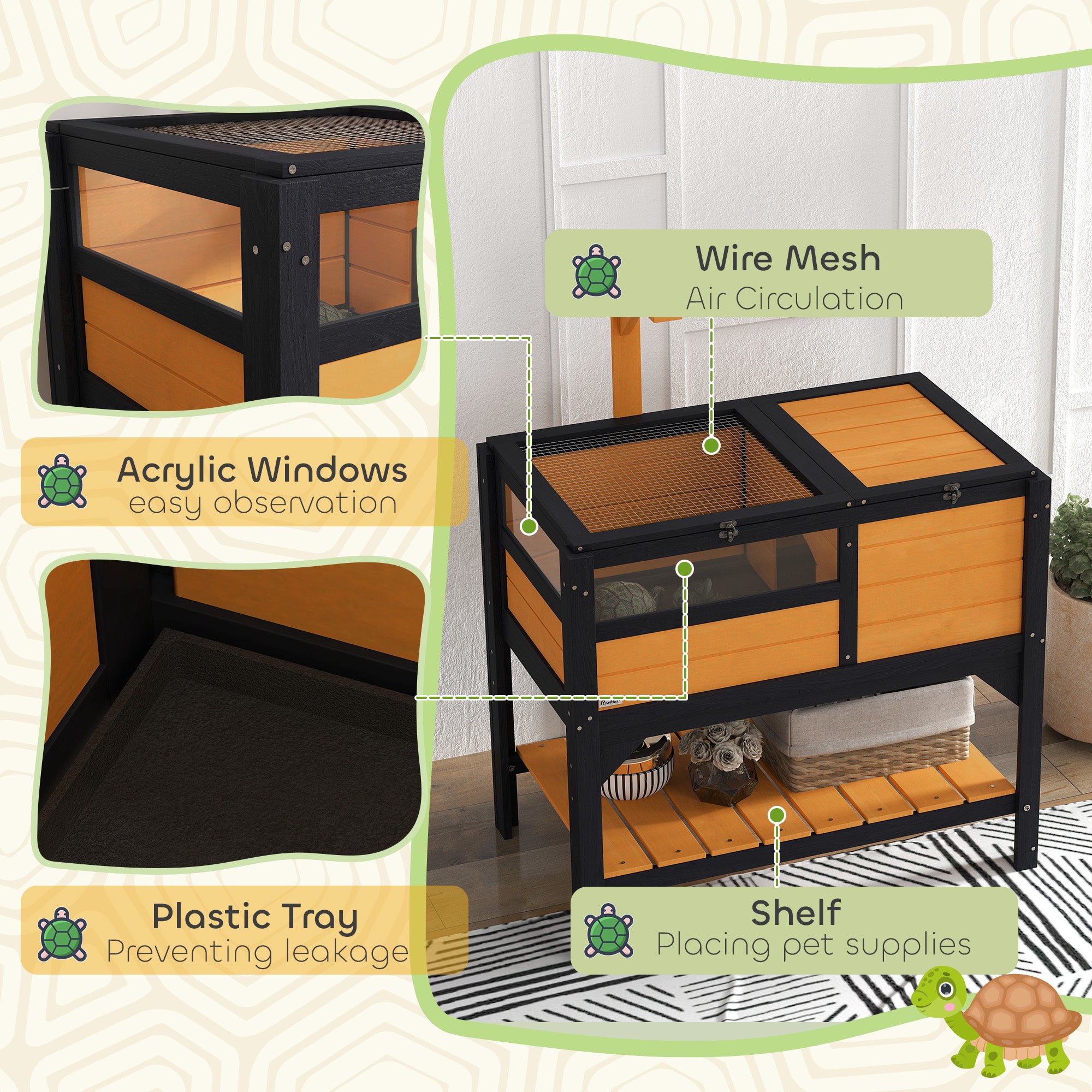 Tortoise Habitat with Shelf Storage Tortoise Gift Accessory with Weather Protection for Indoor, Yellow - Yellow - Image 7
