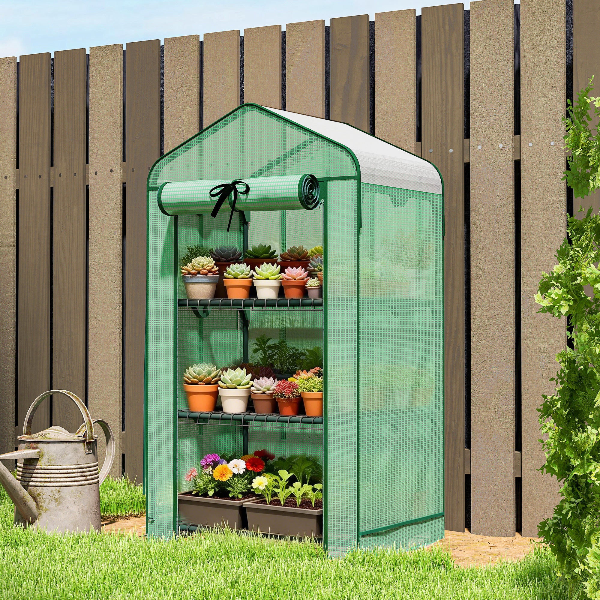 Mini Greenhouse with Screen Roof, Portable Small Greenhouse with Roll-Up Zipper Door, 27.6" x 19.7" x 50", Green - Green - Image 2