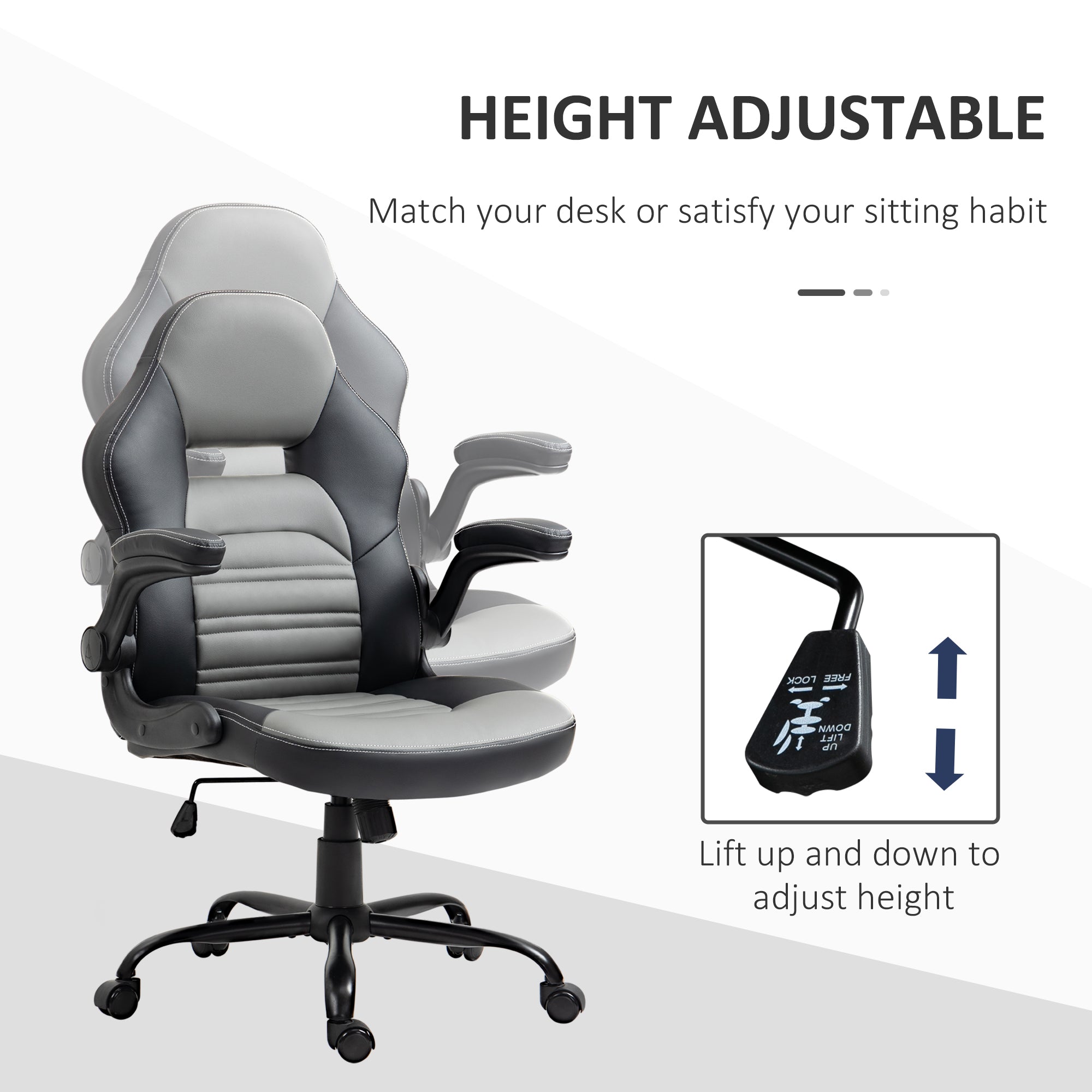 PU Leather Gaming Chair with Flip-up Armrests, Racing Style Computer Chair, Height Adjustable Home Office Chair with Swivel Wheels and Tilt Function, Gray