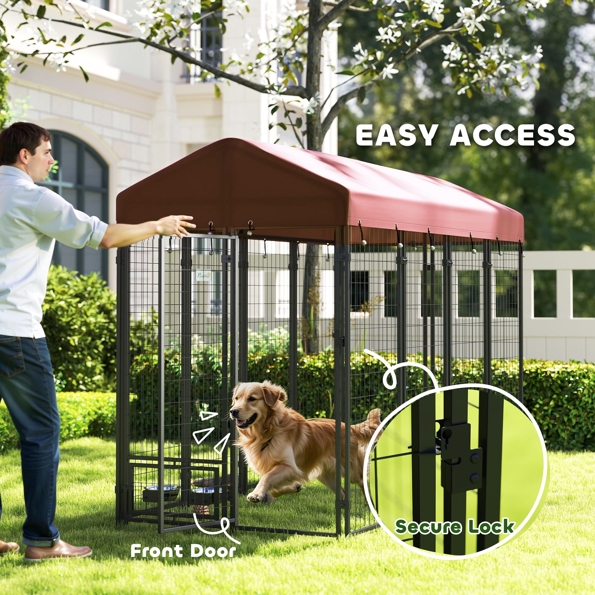 Outdoor Dog Kennel with Rotating Bowl Holders, Walk-in Pet Playpen with Waterproof Cover, 8' x 4' x 6', Red - Red - Image 6
