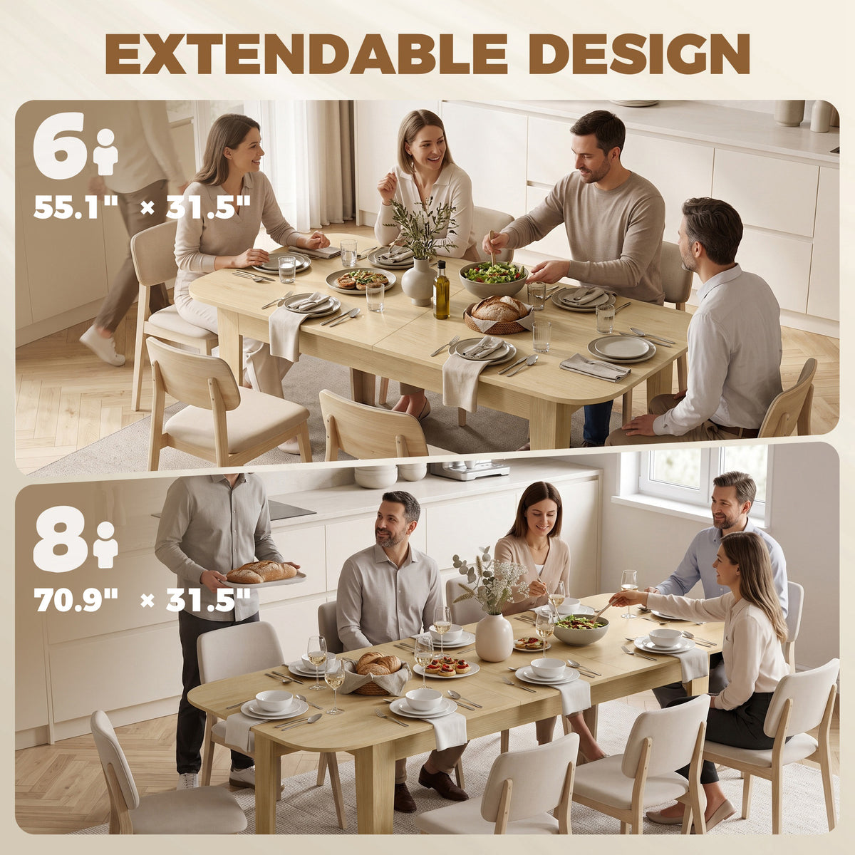 Extendable Oval Dining Table for 4-6, Farmhouse Expandable Kitchen Table, Round Edges, Oak