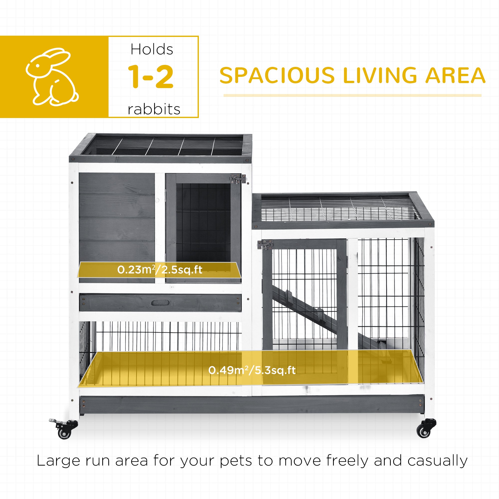 Wooden Rabbit Hutch Elevated Bunny Cage Indoor Small Animal Habitat with Enclosed Run with Wheels, Ramp, Removable Tray for Rabbits, Chickens, Ducks, Guinea Pigs, Gray - Gray, White - Image 4