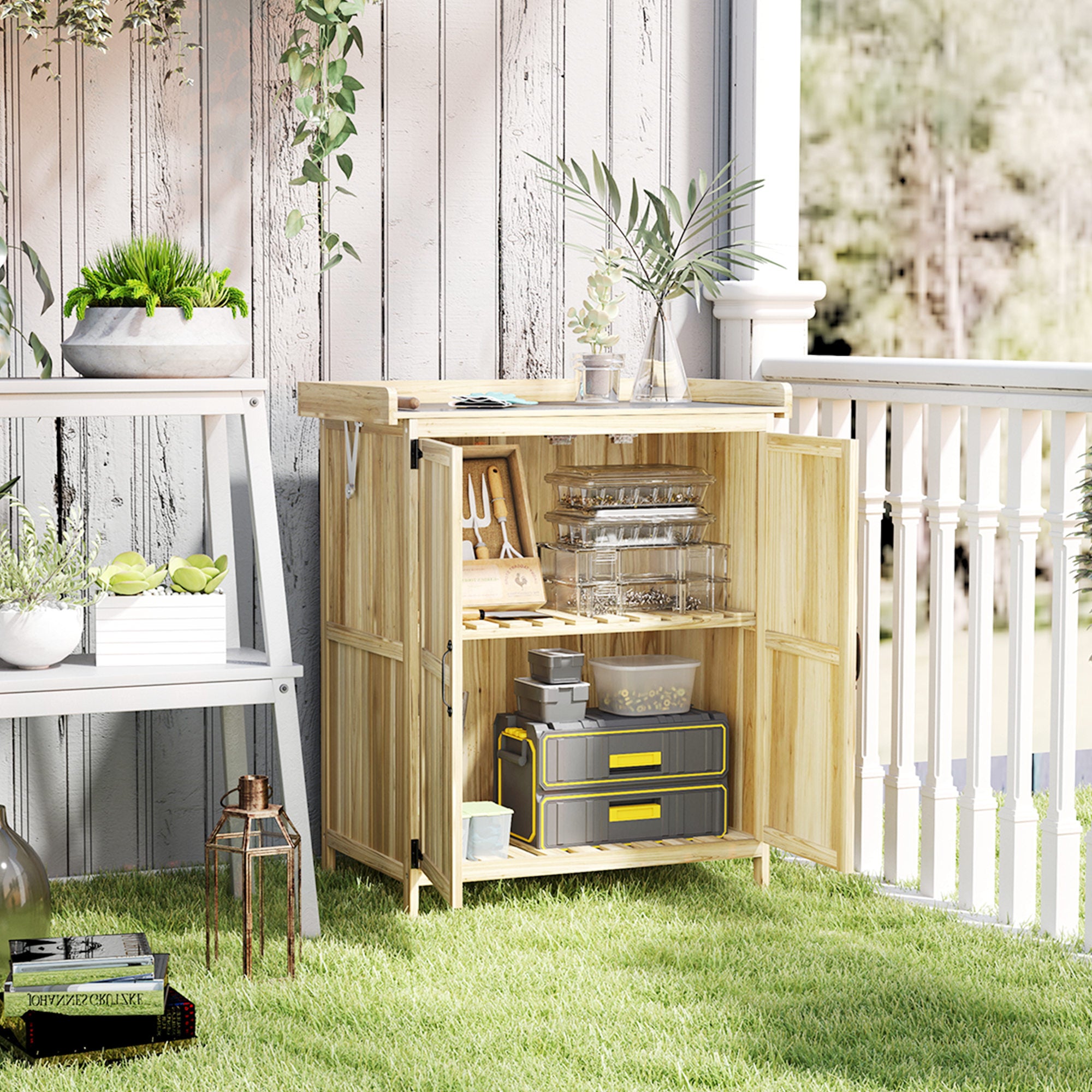 Outdoor Storage Cabinet, Garden Tool Shed with Metal Tabletop, Shelf, Wooden Potting Bench with 2 Doors, Natural Wood - Natural Wood - Image 2