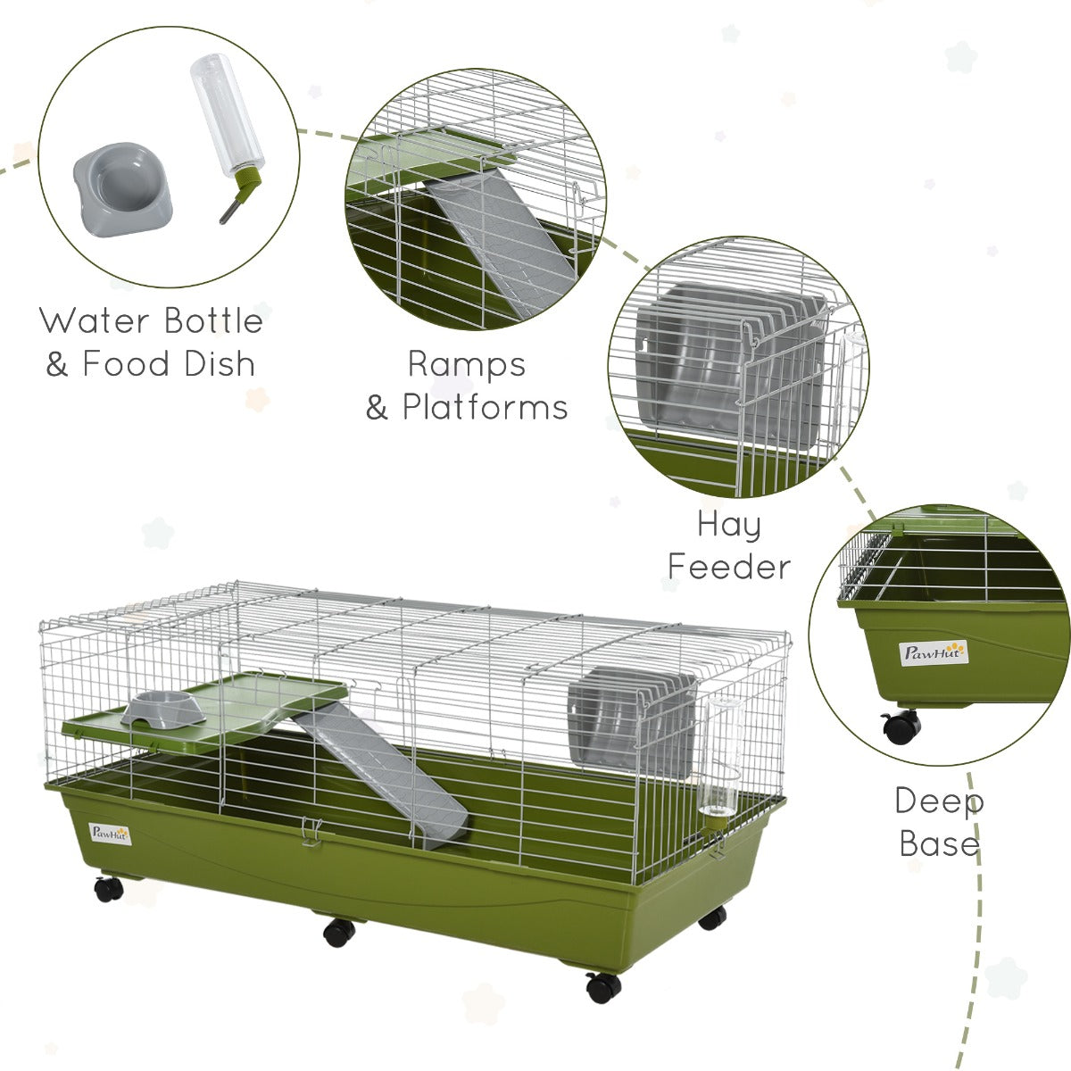 47" Small Animal Cage Chinchilla Guinea Pig Hutch Pet House with Platform Ramp, Food Dish, Wheels, & Water Bottle - Green - Image 6