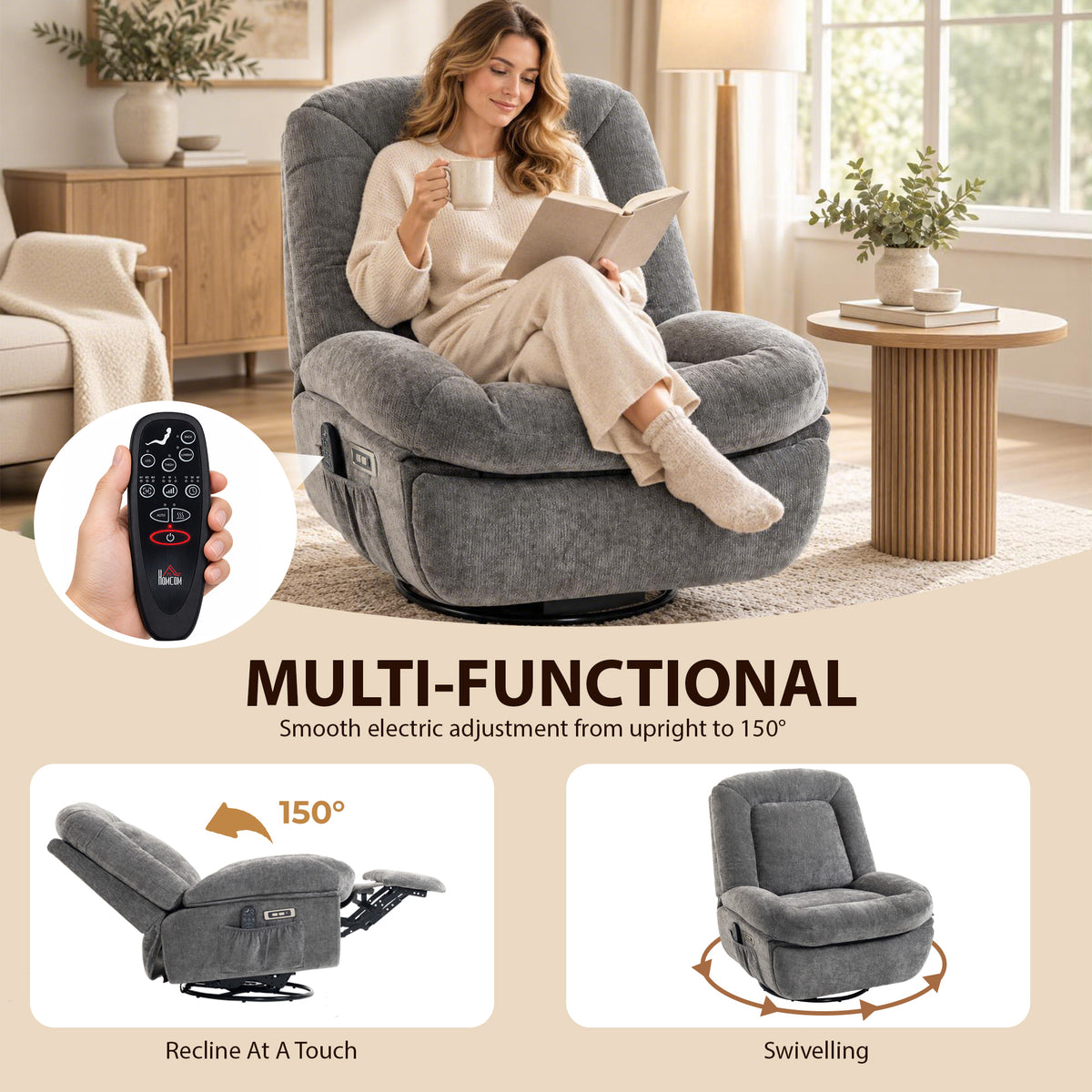 Oversized Power Recliner Chair with Massage and Heat, USB Port, Overstuffed Chenille Swivel Rocker Recliner, Gray