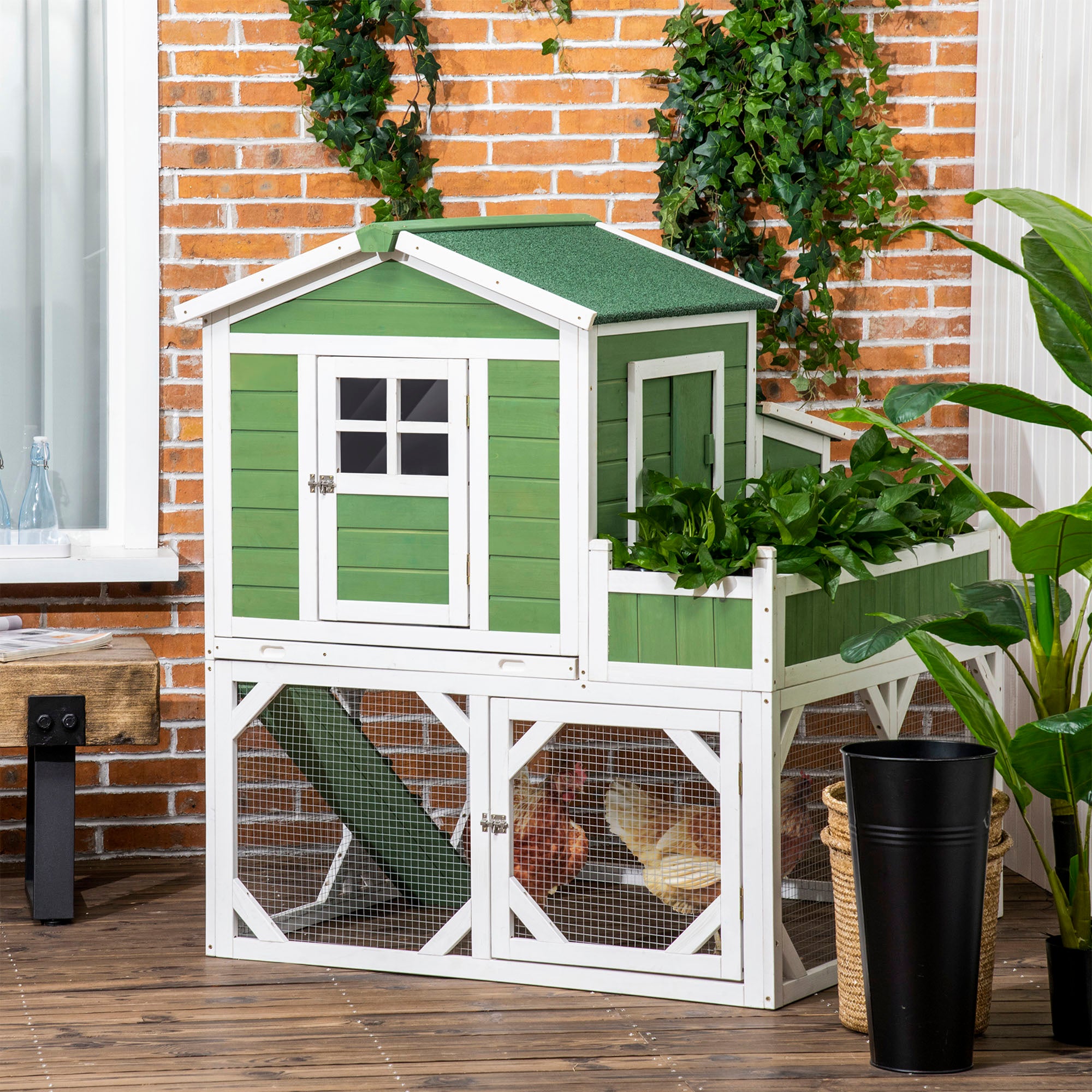 49" Small Chicken Coop Hen House with Garden Space, Chicken House Outdoor Run Cage with Weather Protection, 2-4 Birds, Green - Green - Image 2