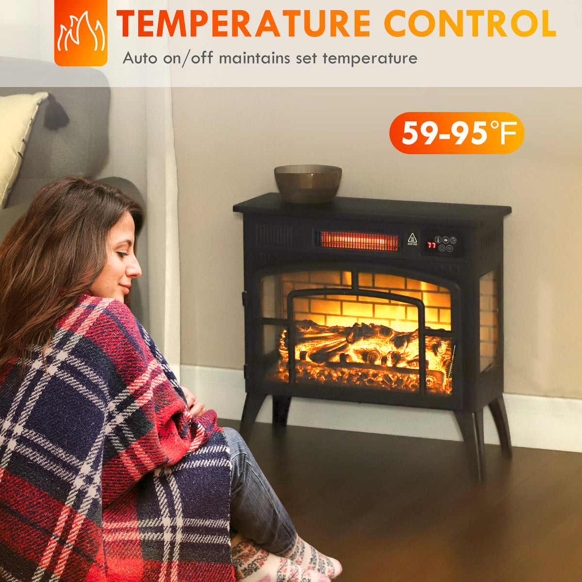Electric Fireplace Stove, Infrared Fireplace Heater with Realistic Flame & Adjustable Temperature, 1500W, Black