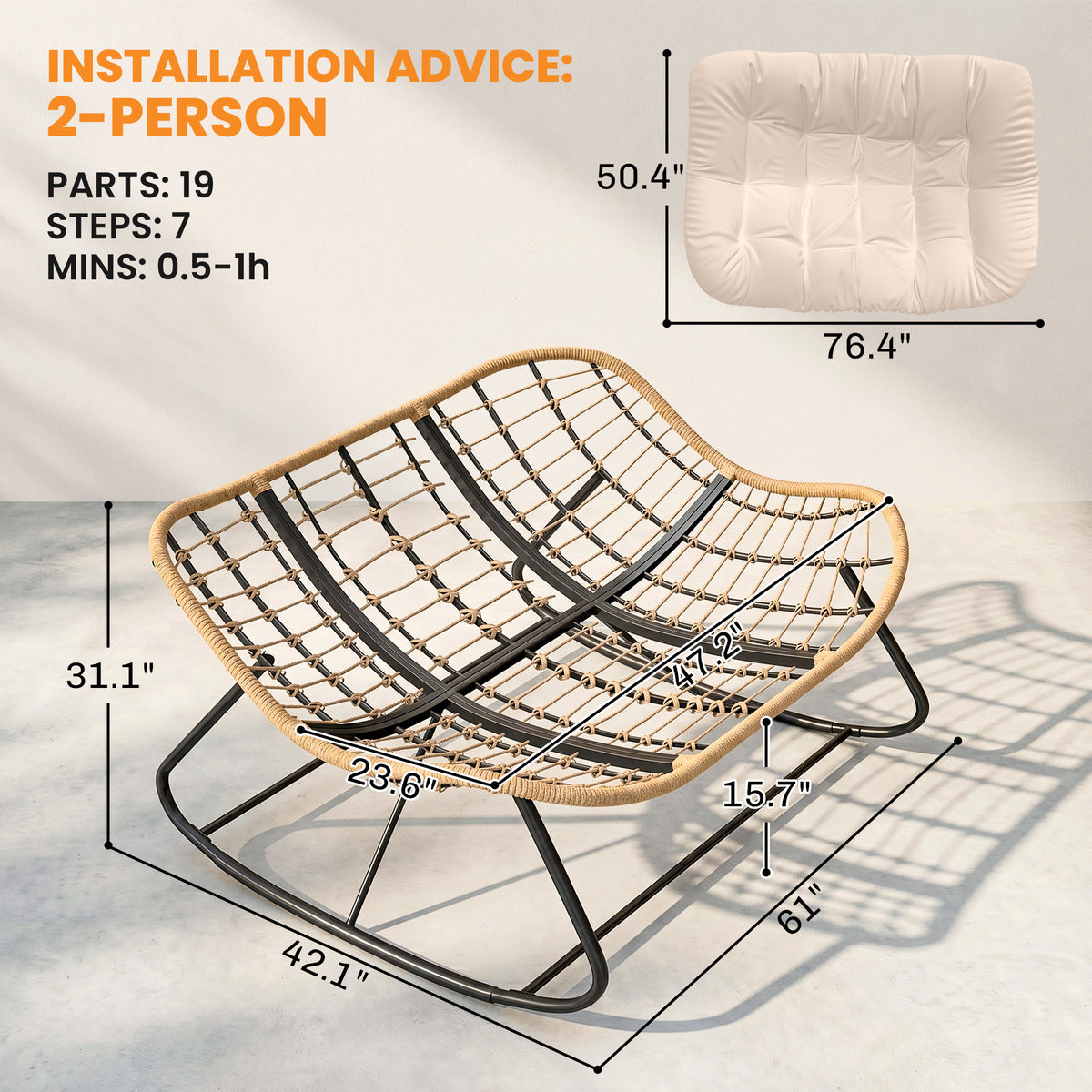 Indoor Outdoor Double Papasan Rocking Chair, Oversized Rocking Egg Chair with Cushion for Garden, Patio, Cream White