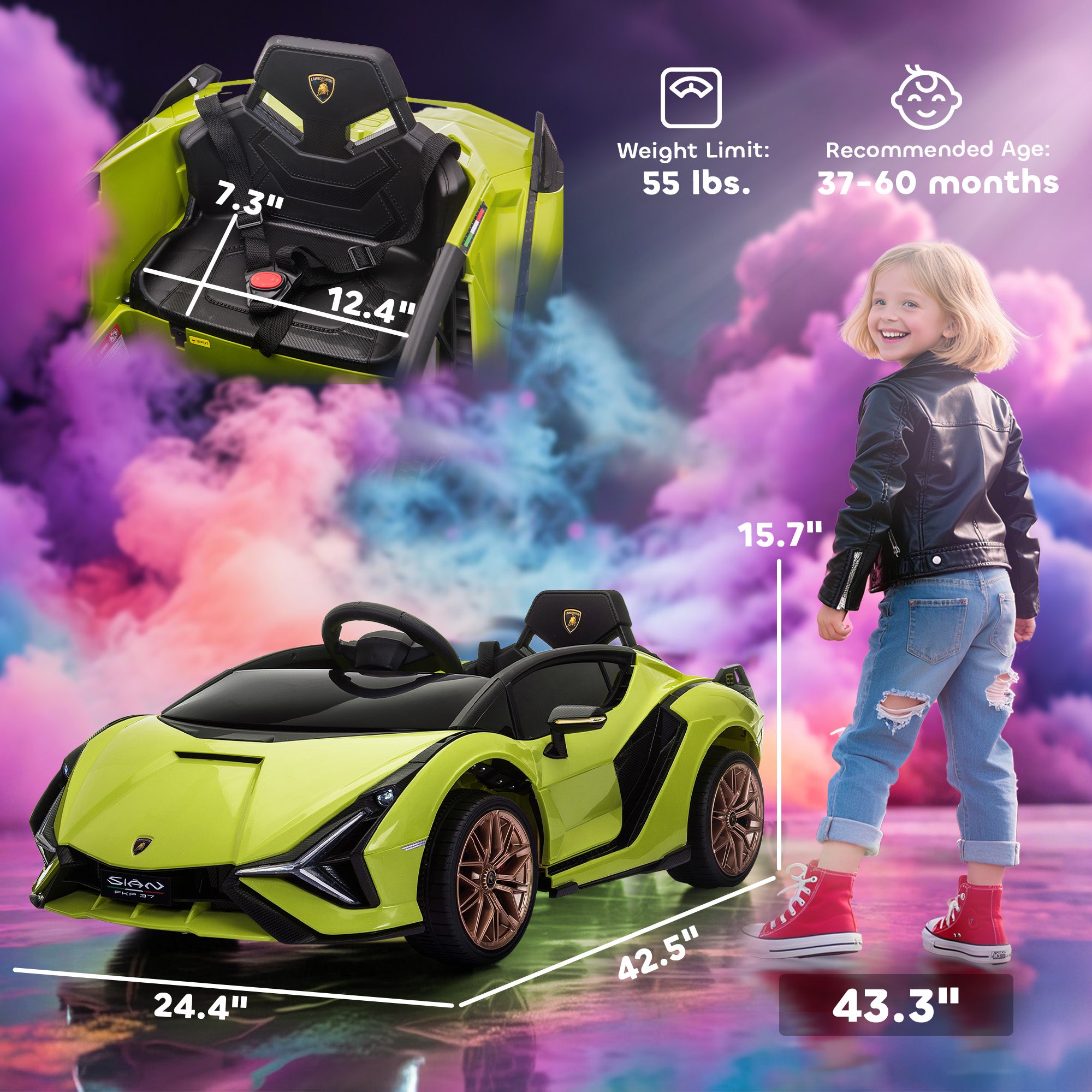12V Lamborghini SIAN Licensed Electric Car for kids with Remote Control, Horn, Music, & Headlights, Green