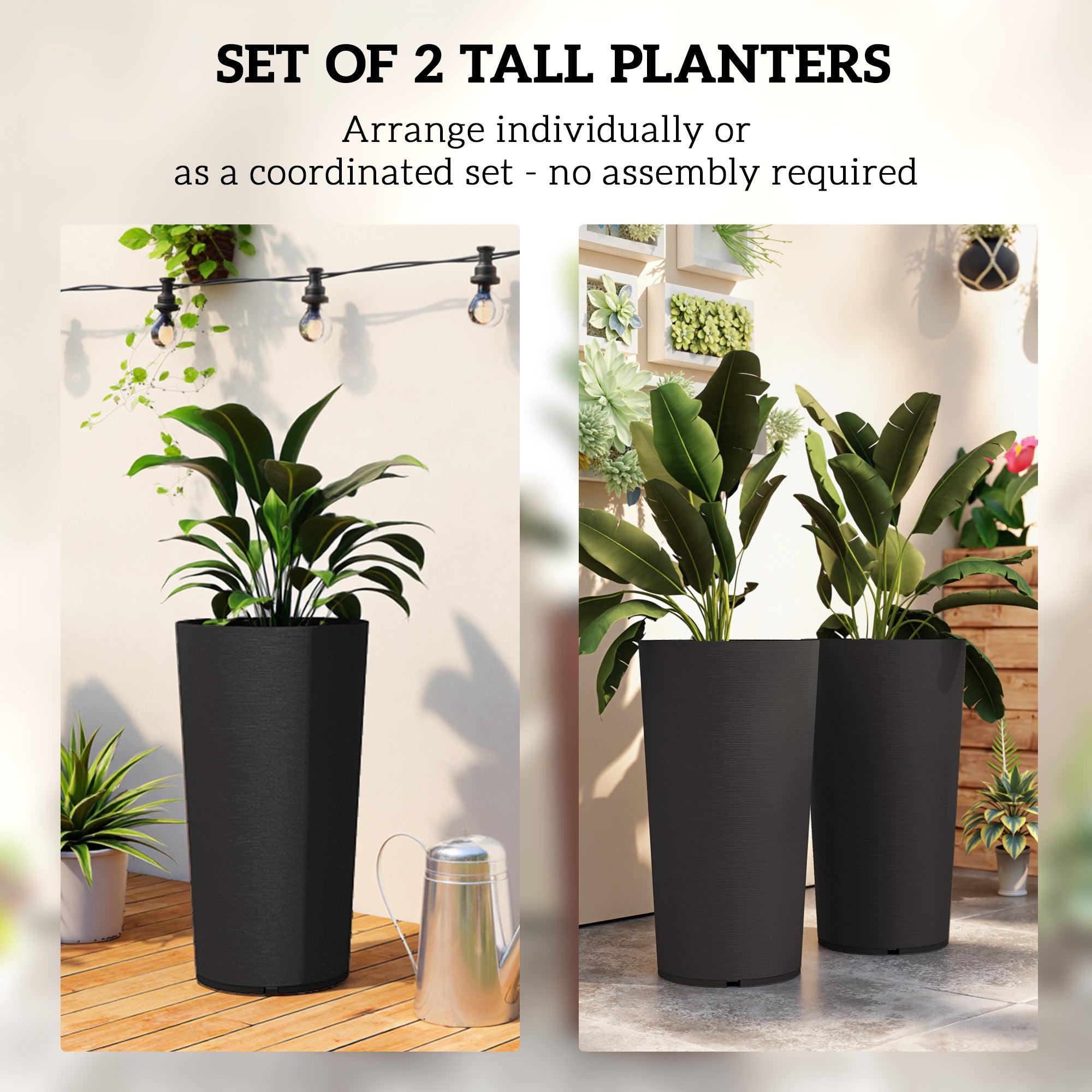 29 Inch Outdoor Planter, Set of 2 Plastic Flower Pots, Weather and UV Resistant Stackable Large Planters, Black - Black - Image 4