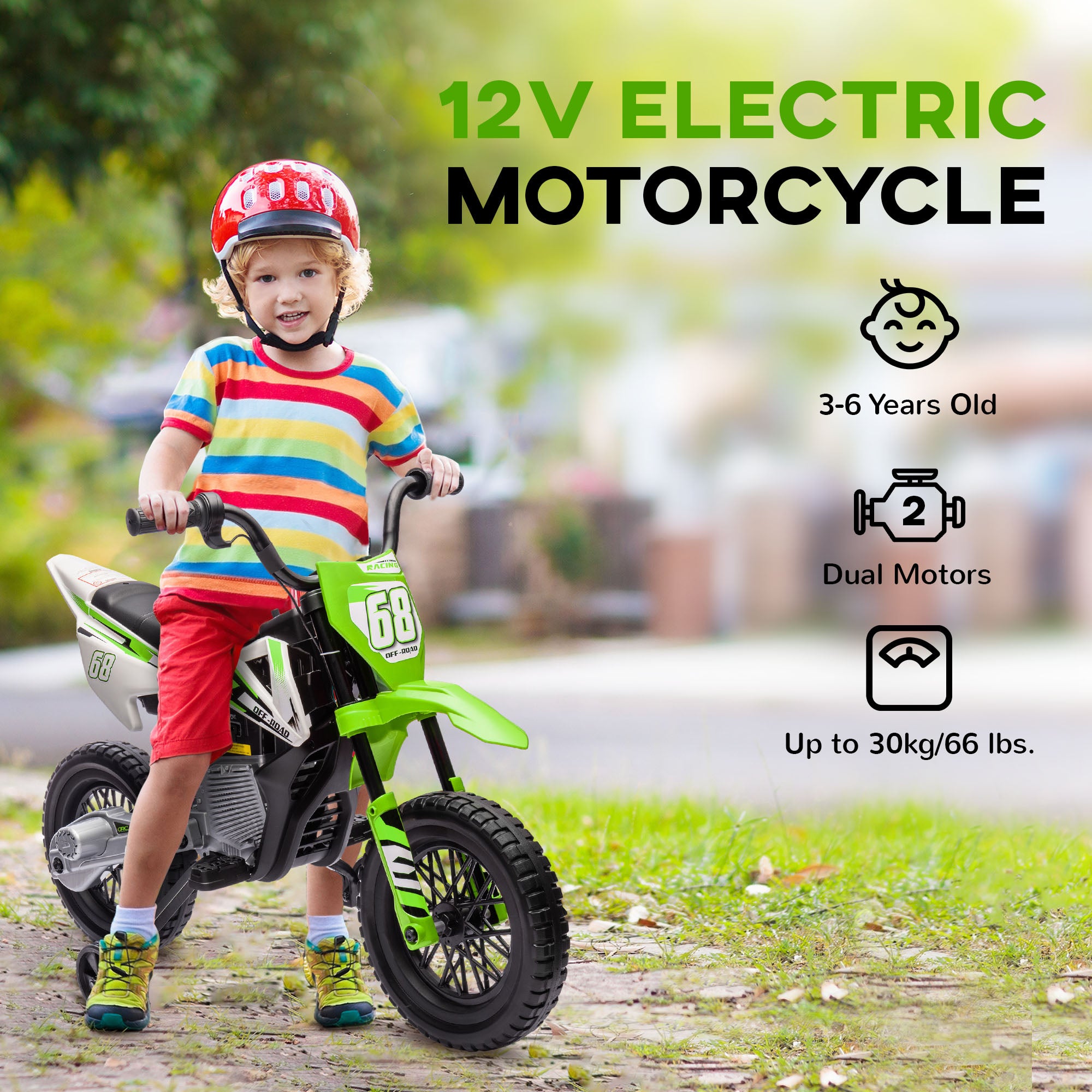 12V Kids Electric Motorcycle w/ Twist Grip Throttle, Training Wheels, Rear Suspension & Music, Green