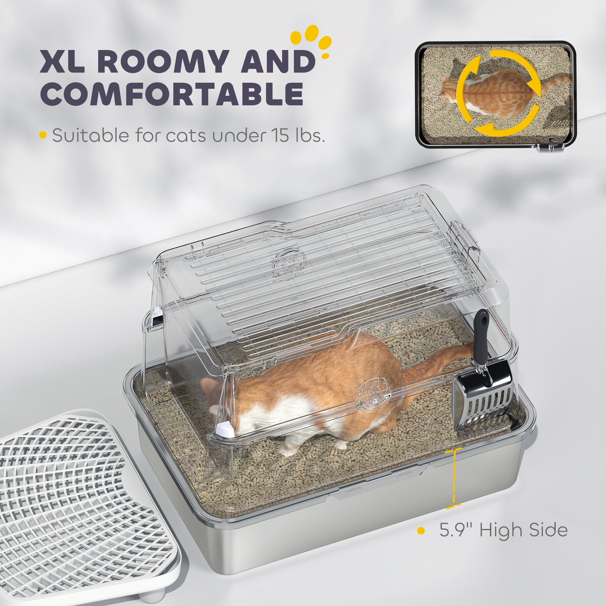 Extra Large Stainless Steel Cat Litter Box for Big Cats with Flip Cover, High-Sided Enclosure & Scoop - Light Gray - Image 6