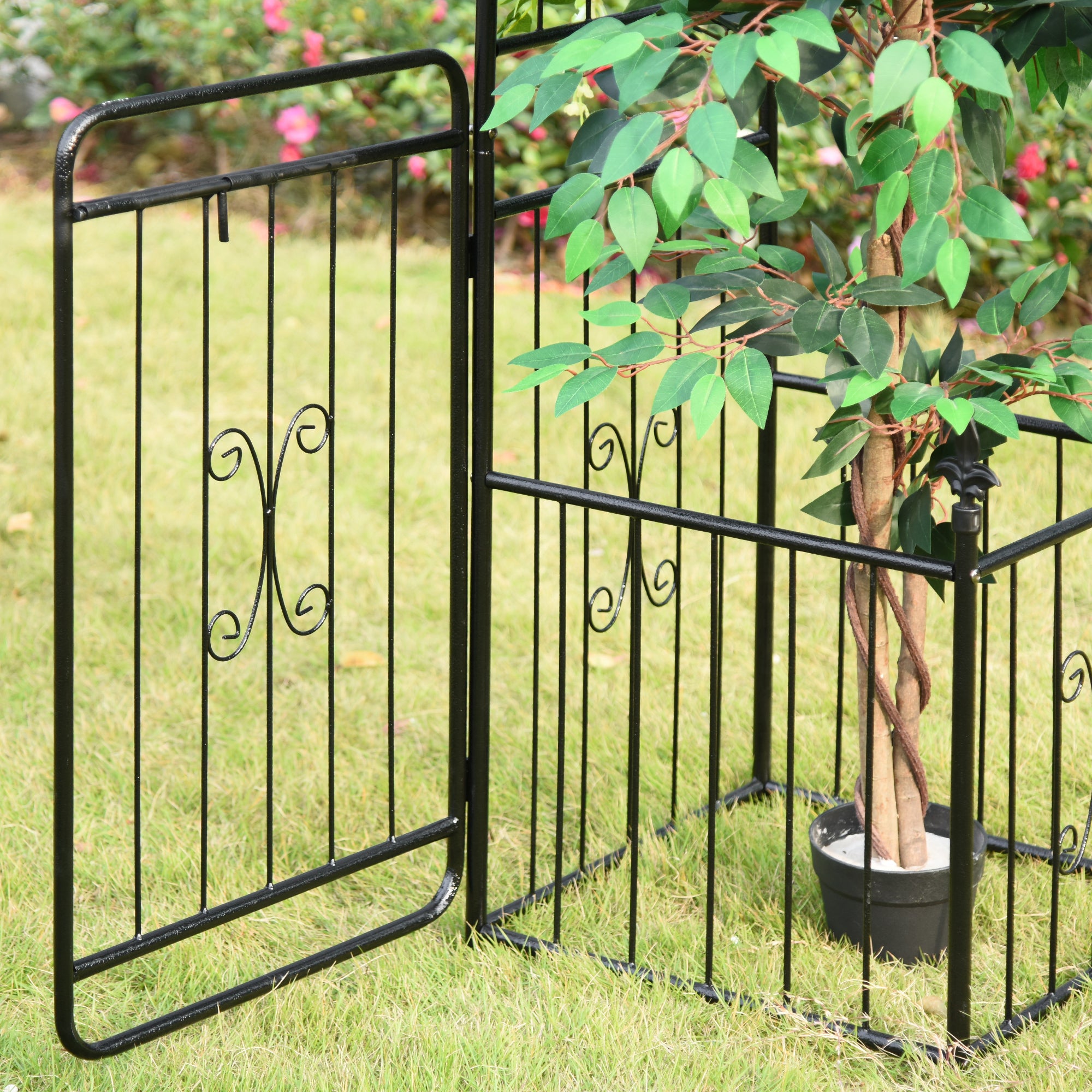 86" Garden Arch Arbor, Metal Arch Trellis with Gate and Planter Baskets, Garden Archway for Climbing Vines, Wedding Ceremony Decoration, Flourishes & Arrow Tips, Black - Black - Image 8