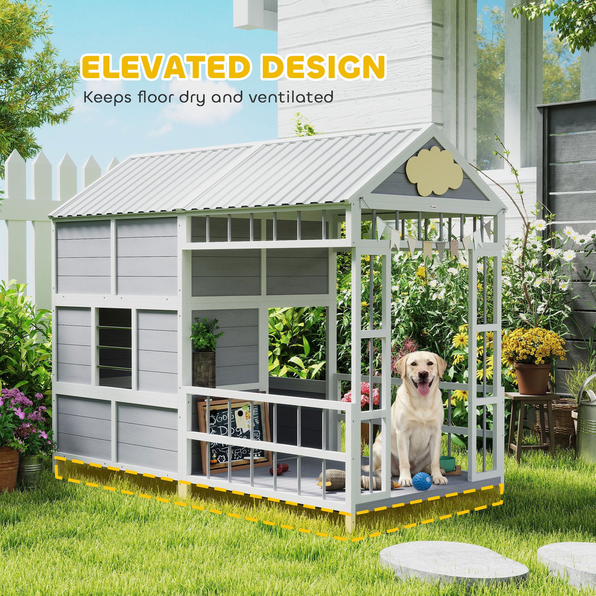 79"L Large Dog House Outdoor, Wooden Dog Kennel with Porch, Storage Cabinet,Weatherproof Roof, Windows - Gray - Image 8
