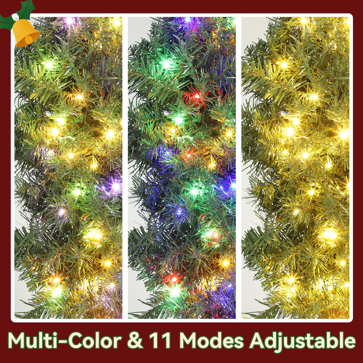 36in Pre-Lit Christmas Wreath with 3D Red Bow, 11 Lighting Modes, Front Door Christmas Wreath with Remote