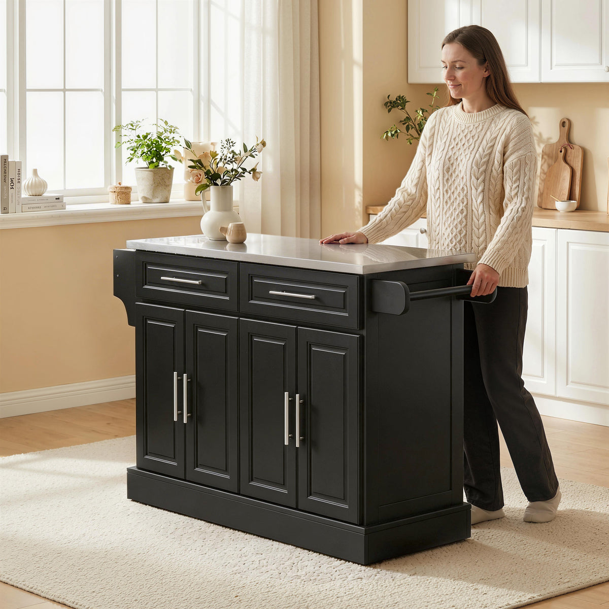 Rolling Kitchen Island Cart with 47" Stainless Steel Top, Portable Island Table for Kitchen with Wheels, Adjustable Shelves, 2 Drawers, Spice, Knife and Towel Rack, Black
