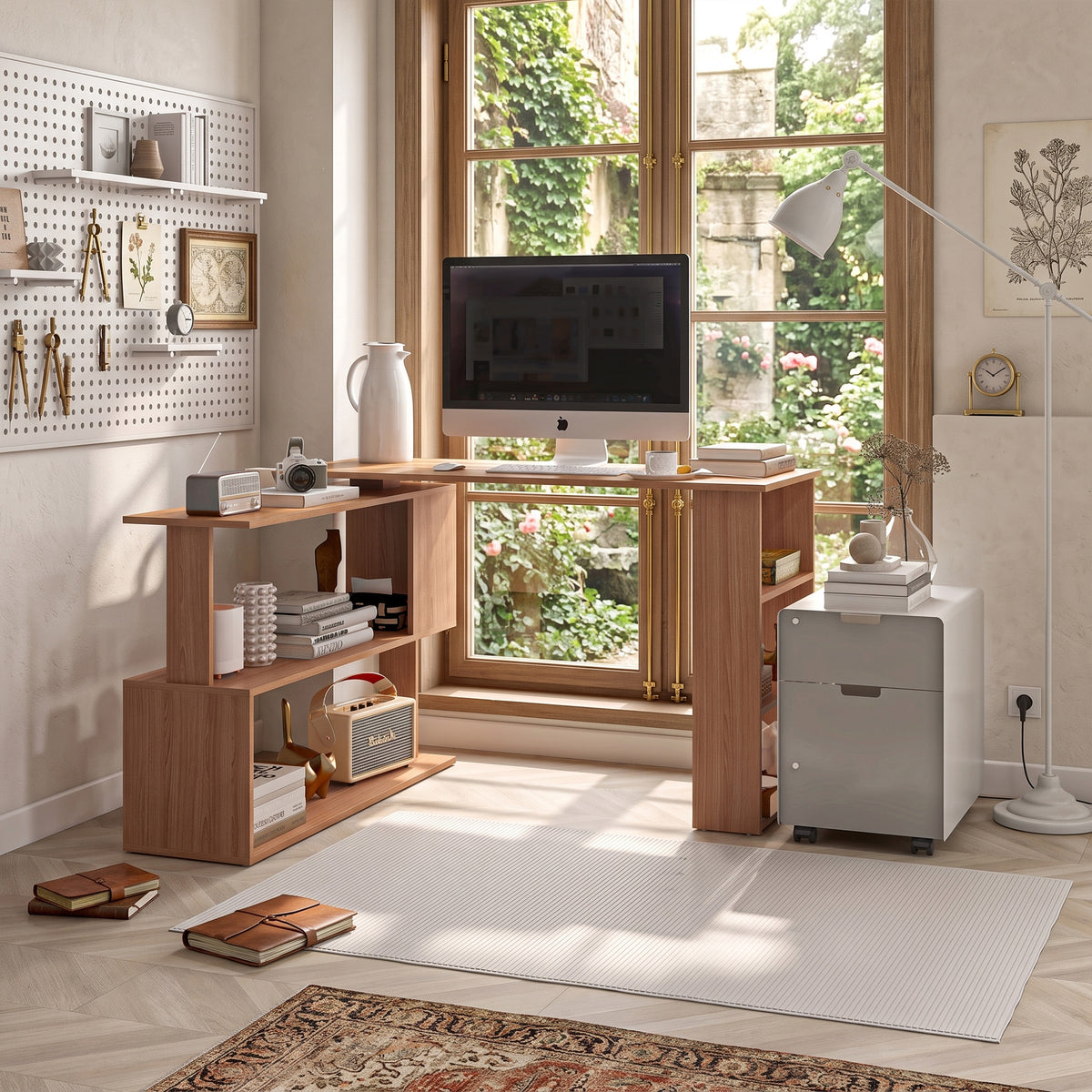 L Shaped Corner Desk, 360 Degree Rotating Home Office Desk with Storage Shelves, Writing Table Workstation, Maple
