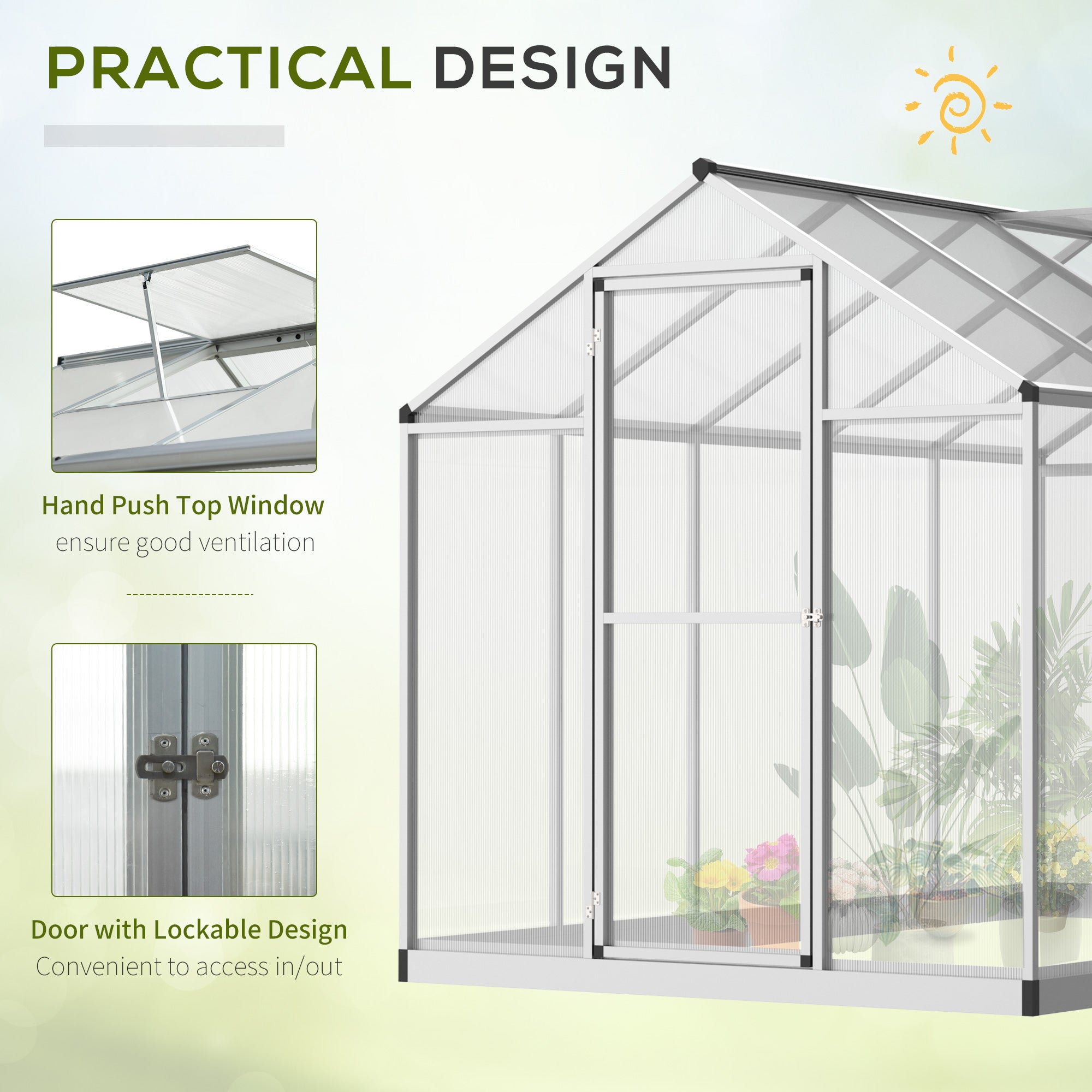 10' L x 6' W Walk-In Polycarbonate Greenhouse with Roof Vent for Ventilation & Rain Gutter for Winter - Silver - Image 5