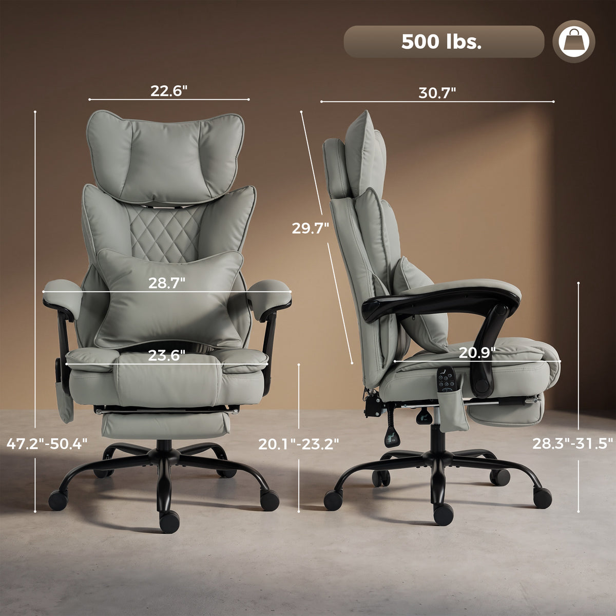 High Back Vibration Massage Office Chair, Heated Reclining PU Leather Computer Chair with Headrest, Gray