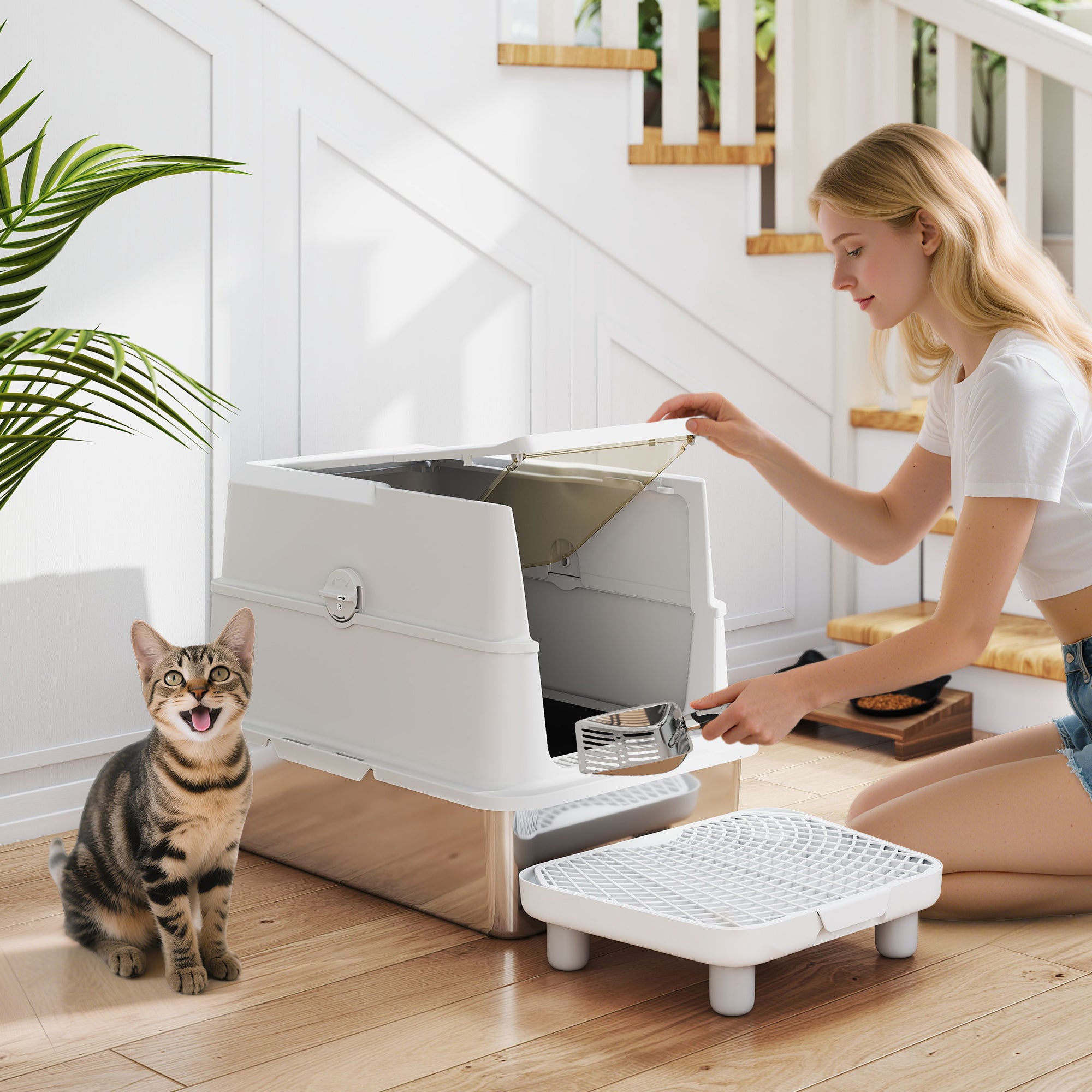Extra Large Stainless Steel Cat Litter Box for Big Cats with Flip Cover, High-Sided Enclosure & Scoop - Light Gray - Image 2