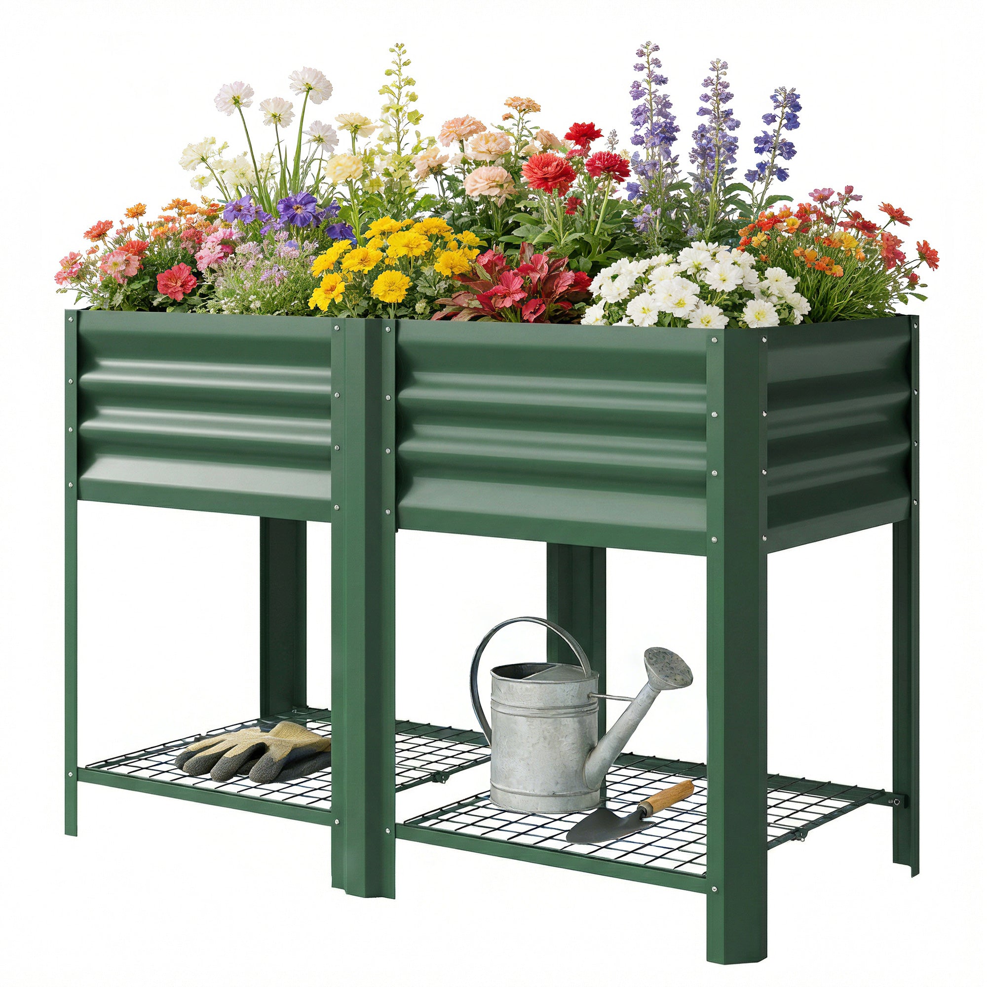Raised Garden Bed Galvanized Steel, Elevated Planter Box with Storage Shelf, Bed Liner, 31.5" High, Green