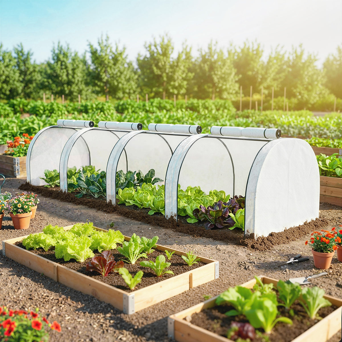 13' L x 3' W x 2.5' H Portable Tunneled Greenhouse with 4 Zippered Doors, Water/UV Fighting PE Cover, White