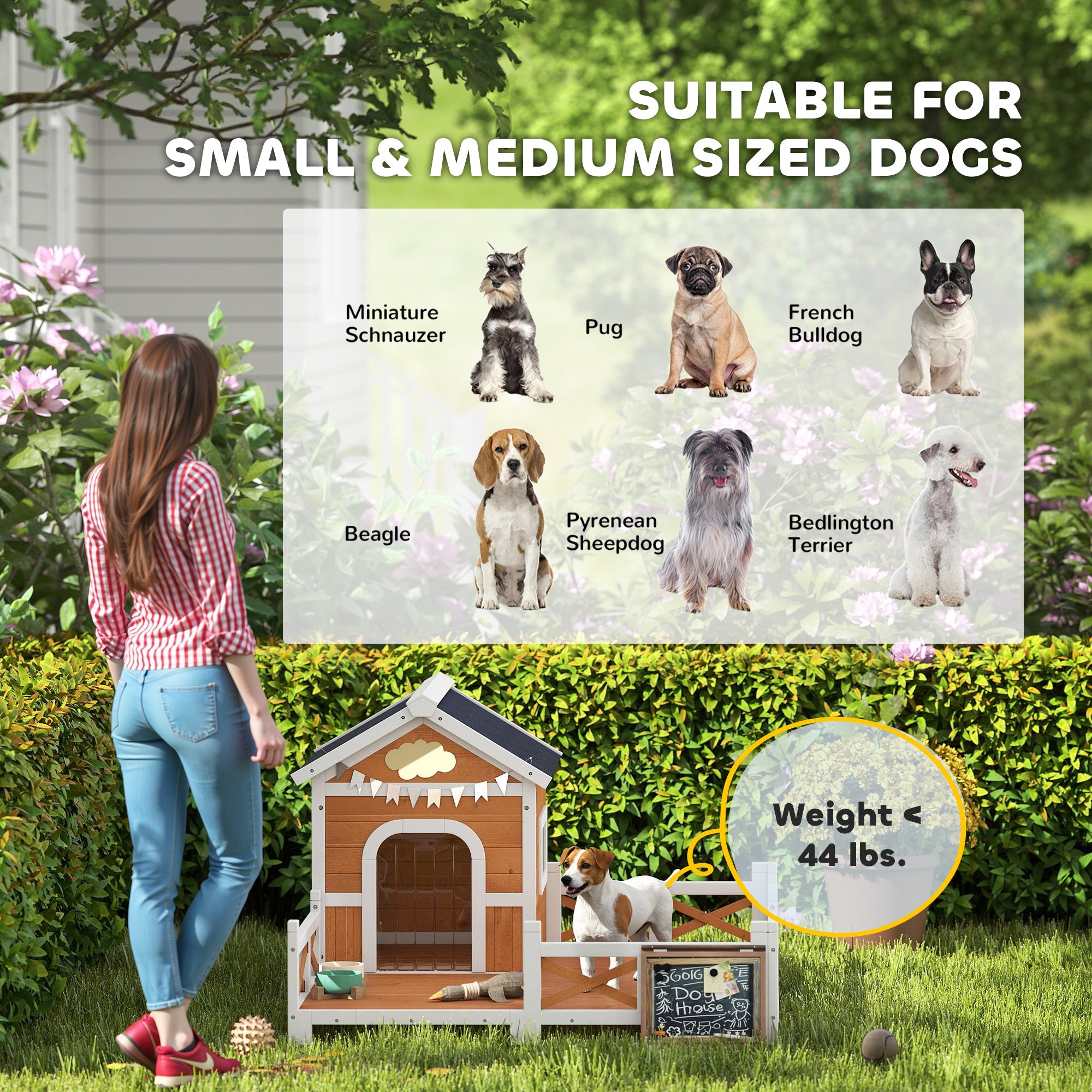 Outdoor Wooden Dog House, Dog Shelter with Large Porch, Weatherproof & Openable Roof, Elevated Base, Removable Floor - Orange - Image 8