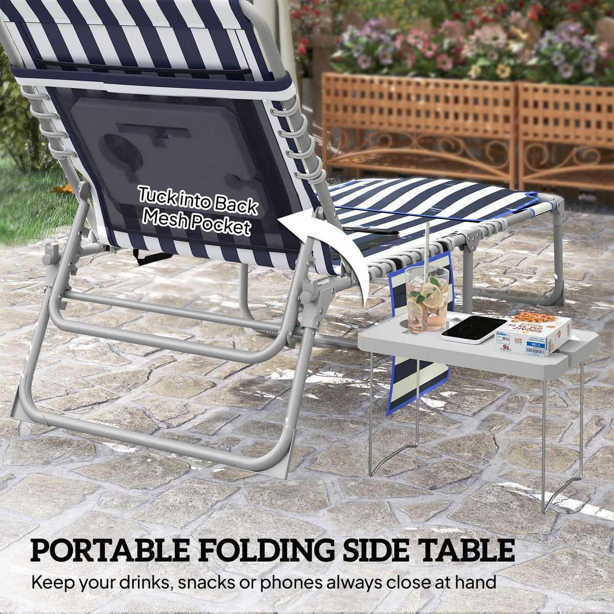 Tanning Chair Set of 2 with Face Hole and Side Table, 5-Position Folding Outdoor Chaise Lounge Chair, Blue and White