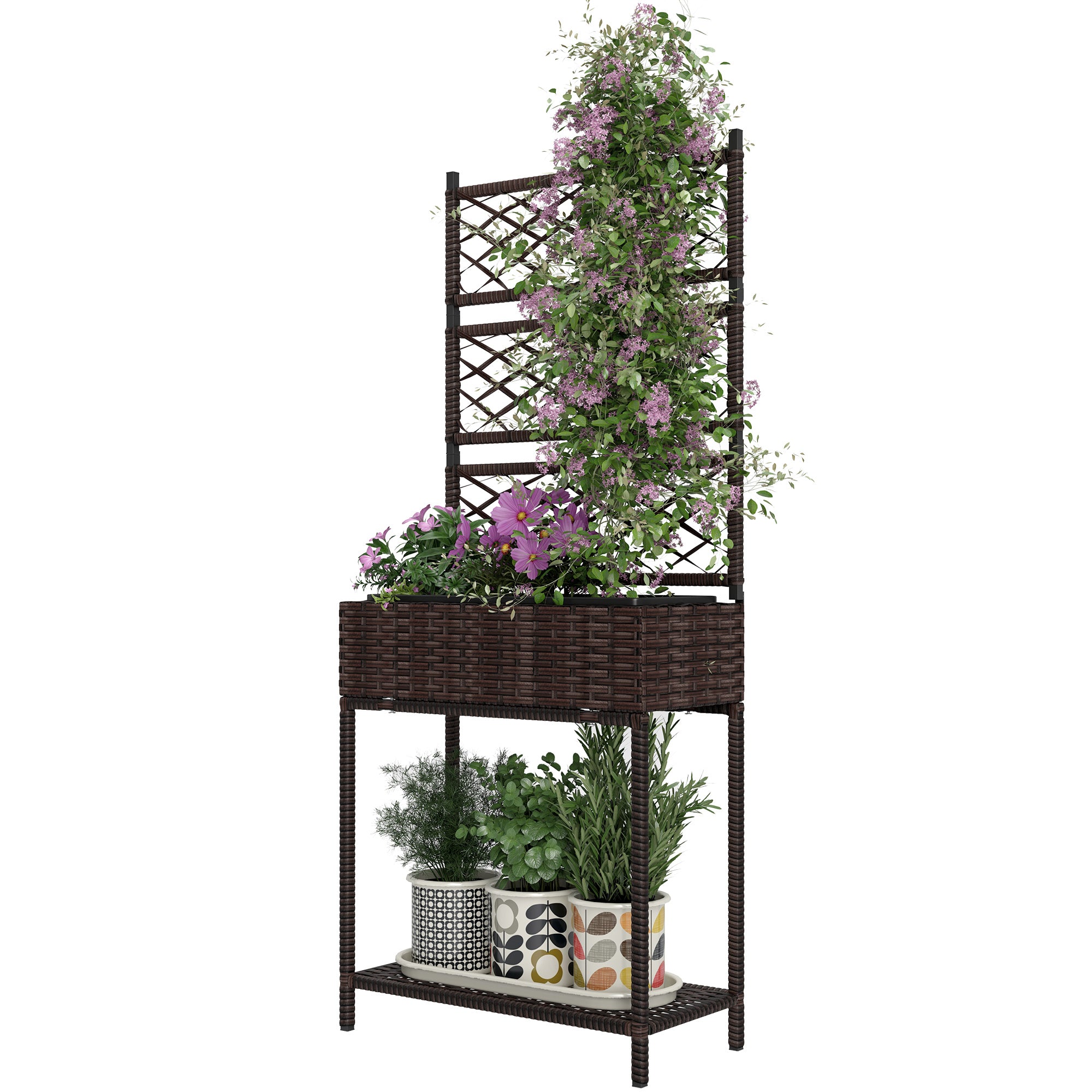 Outdoor Wicker Planter with Trellis for Climbing Plants, Freestanding Rattan Garden Box with Storage Shelf, Brown - Brown