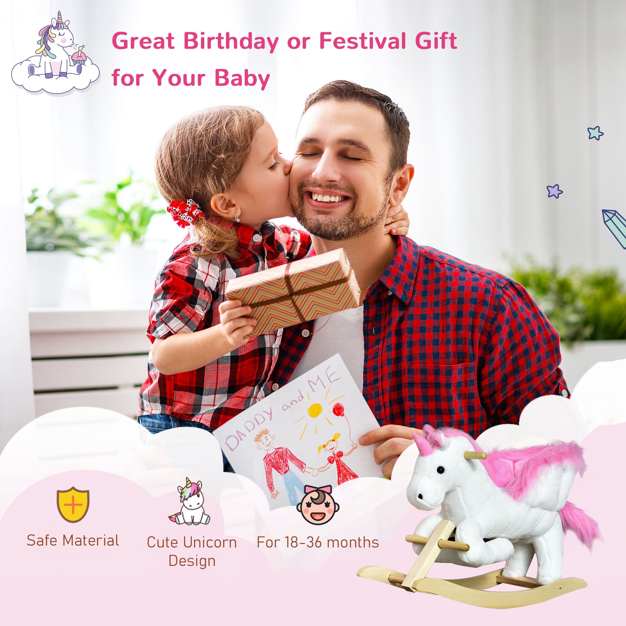 Unicorn Baby Rocking Horse Toy for Kids with Lullaby Song, Plush Ride on Horse with Heavy-Duty Support System, Pretend Play Interactive Toy for Toddlers 18-36 Months