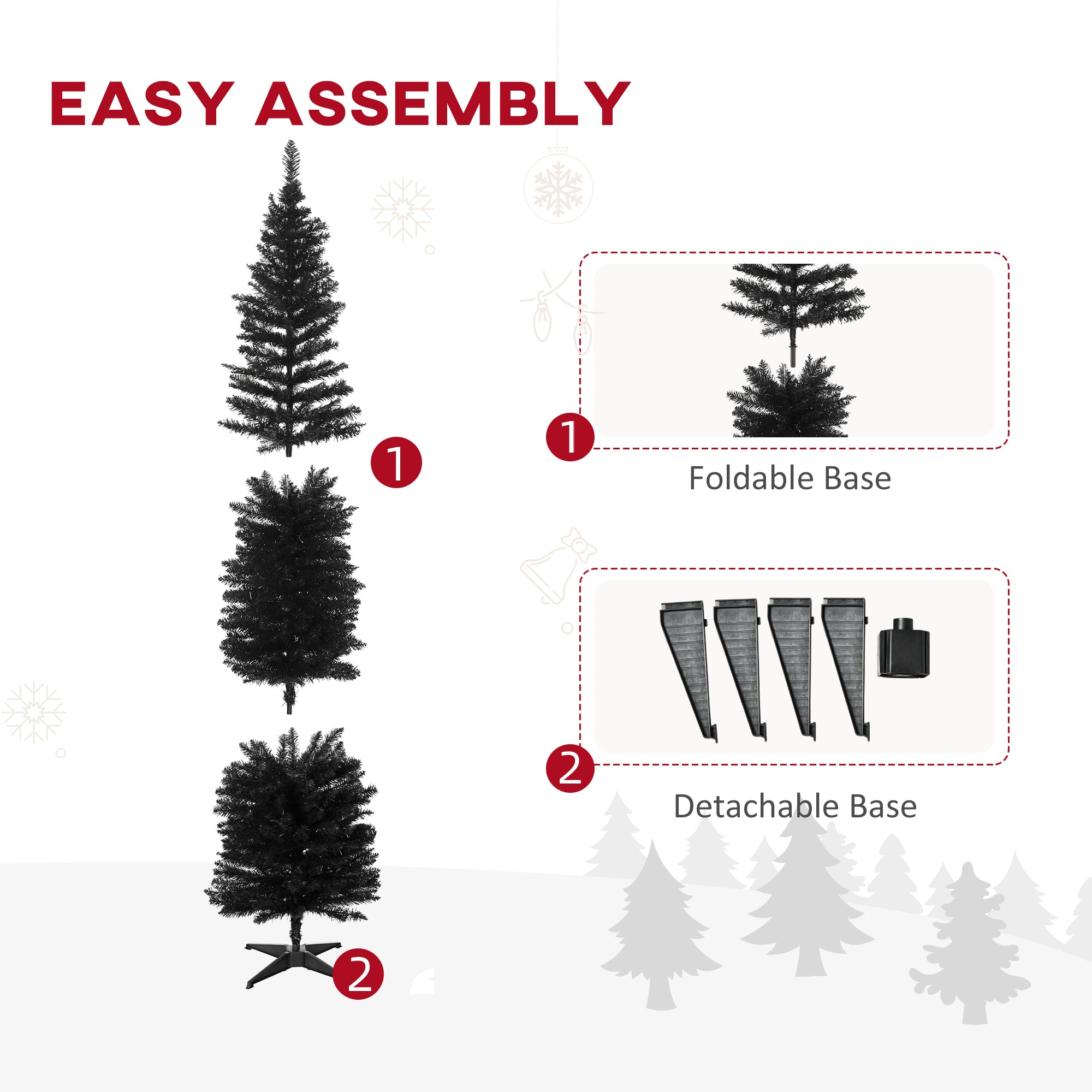 7ft Unlit Pencil Artificial Christmas Tree with Realistic Branches and 499 Tips, Plastic Base, Black