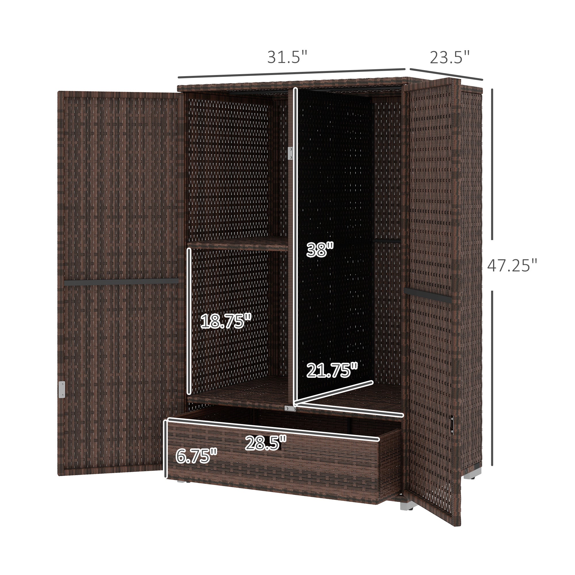 Outdoor Storage Cabinet with Shelves, Rattan Pool Towel Storage Cabinet with Removable Shelf & Drawer, Mixed Brown - Brown - Image 3