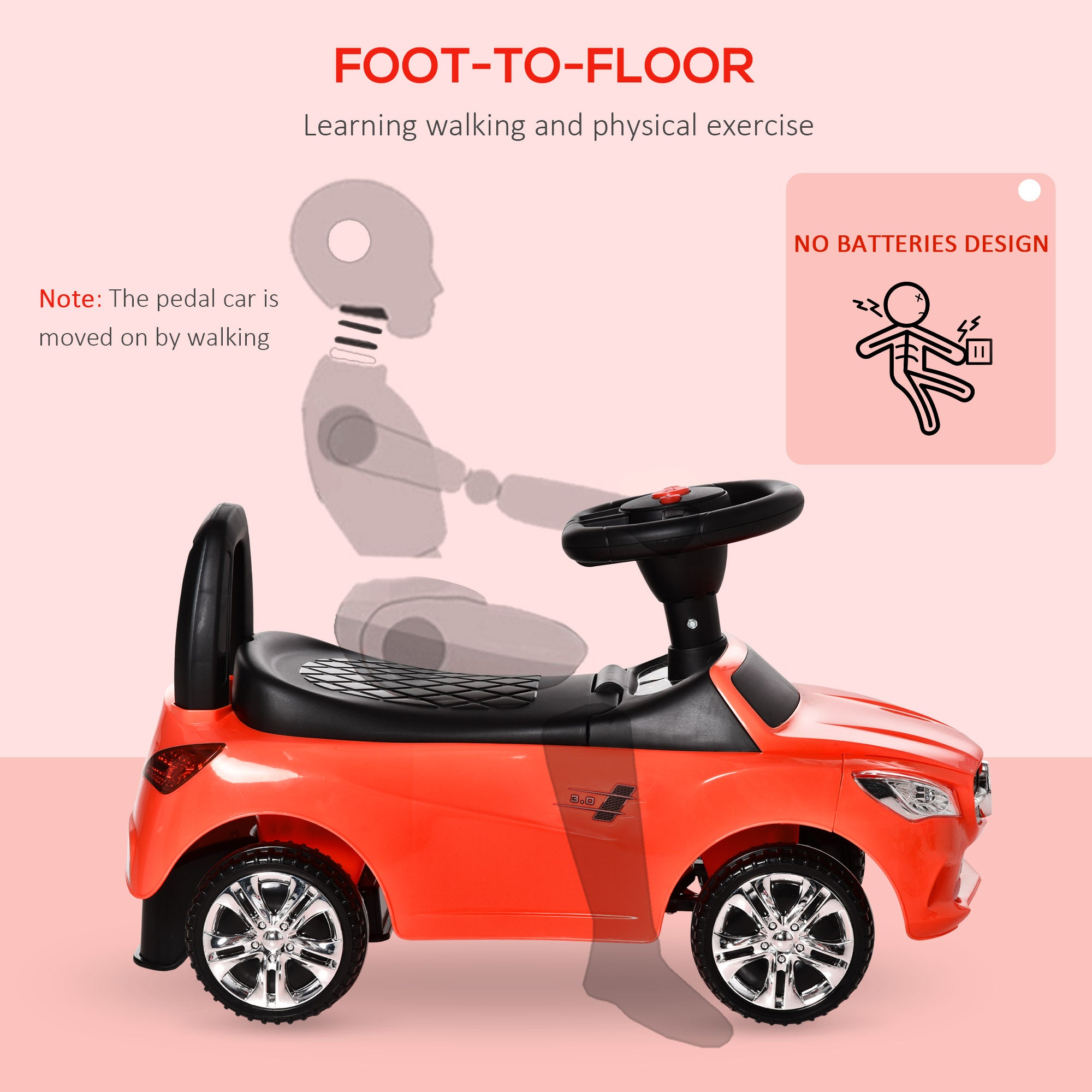 Kids Ride On Push Car, Foot-to-Floor Walking Sliding Toy Car for Toddler with Working Horn, Music, Headlights and Storage, Red