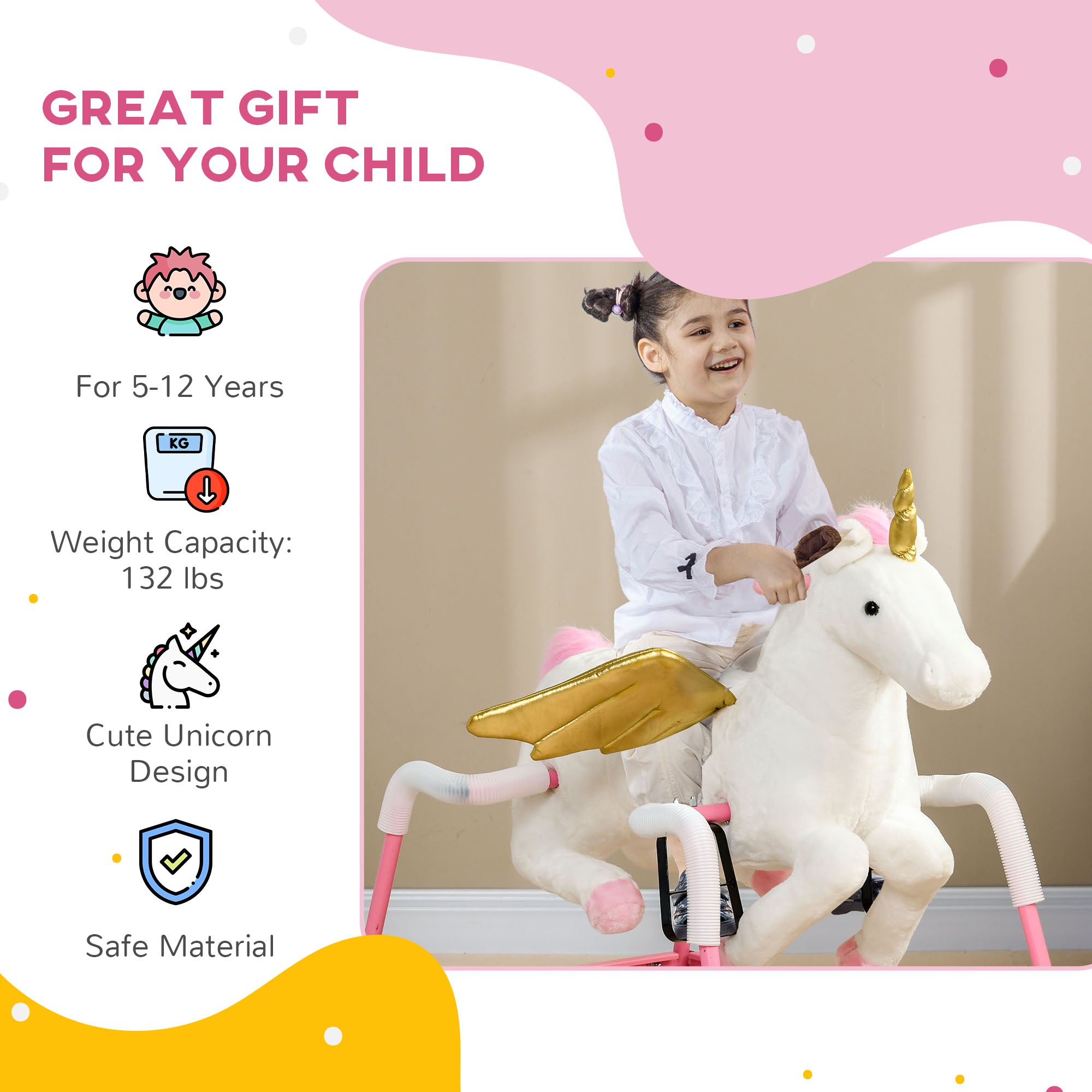 Kids Spring Rocking Horse Unicon, Ride on Horse for Girls and Boys with Sounds, Plush Animal Ride-on Toy with Soft Feel, Interactive Toy for Kids, Pink