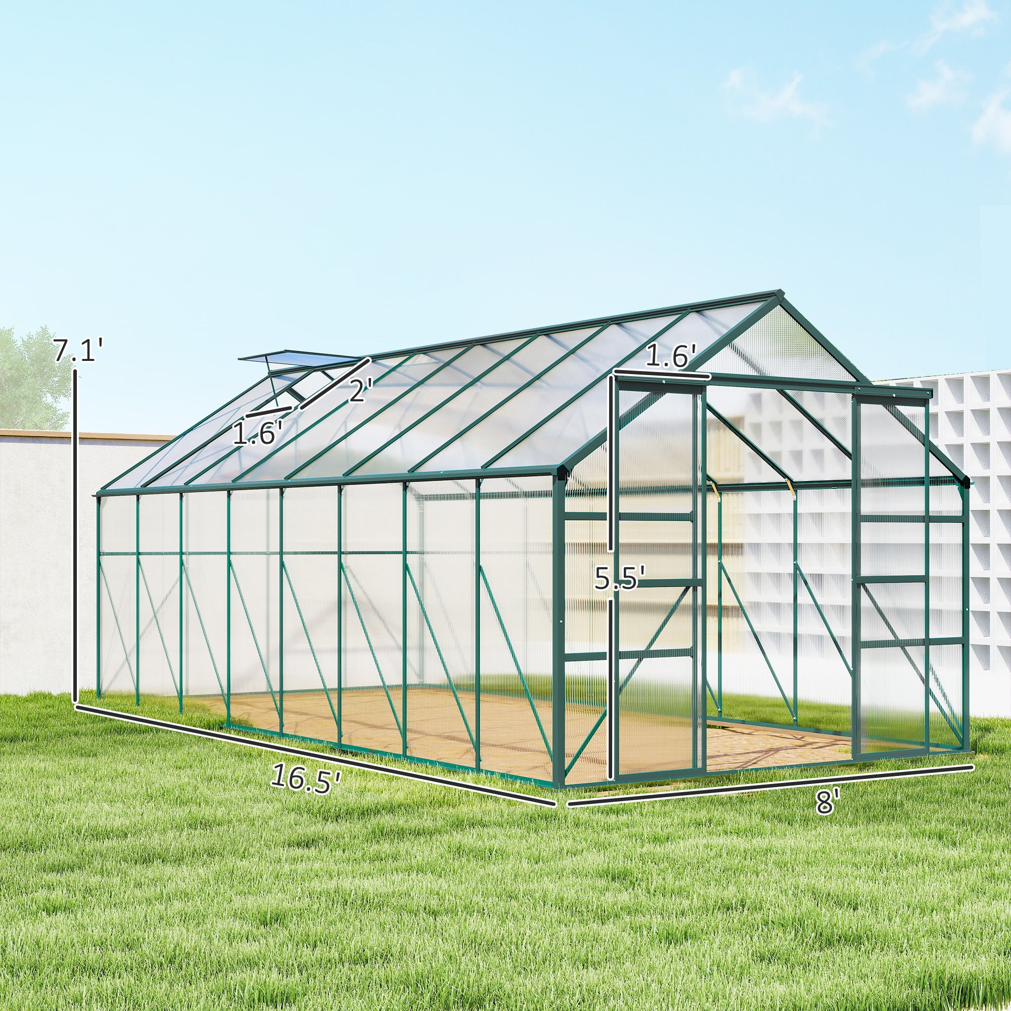 16' x 8' Aluminum Greenhouse Polycarbonate Walk-in Garden Greenhouse Kit with Adjustable Roof Vent, Rain Gutter and Sliding Door for Winter, Clear - Clear - Image 3