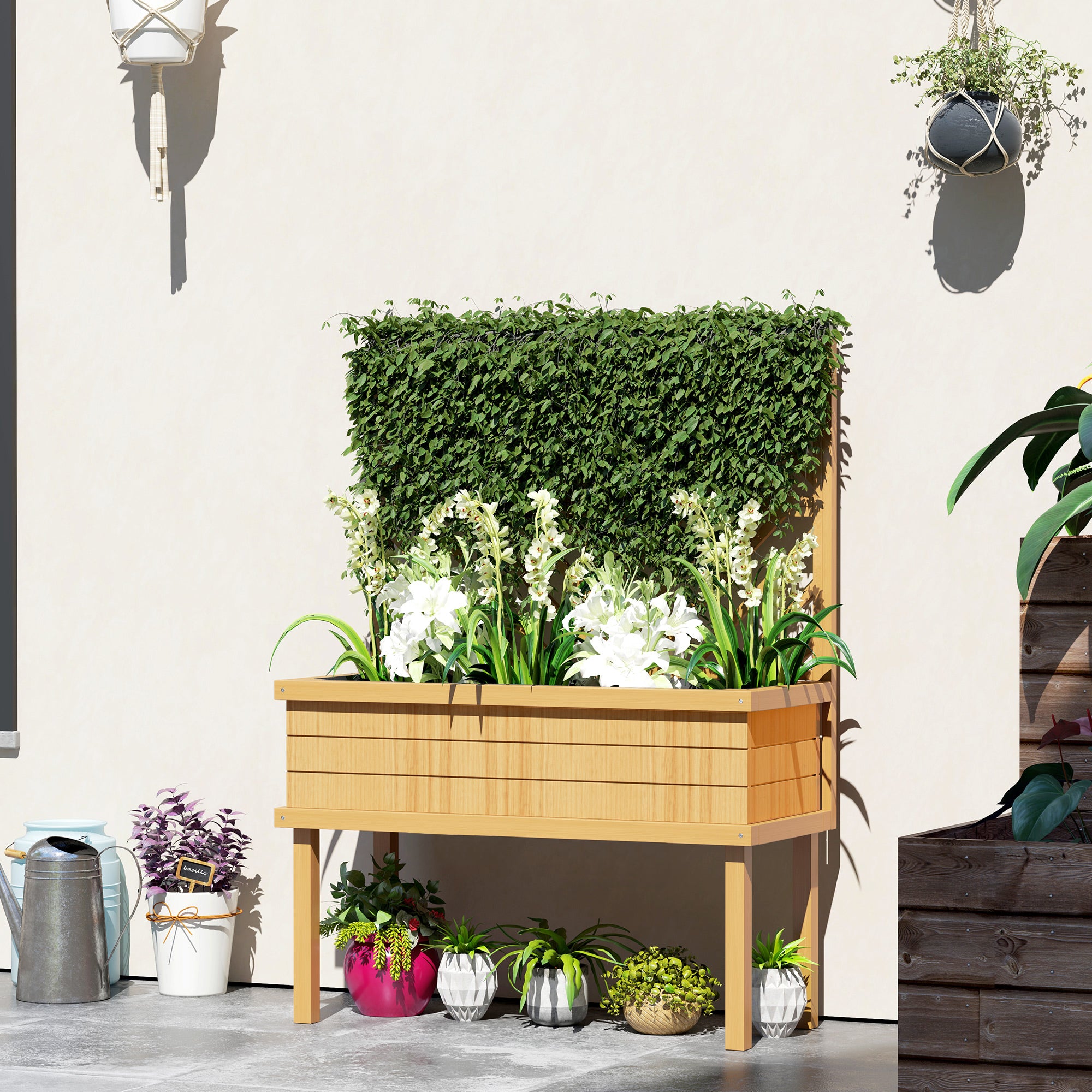 Elevated Wood Planter with Trellis for Climbing Plants, Raised Garden Bed with Legs and Drainage Holes, Natural Wood - Natural Wood - Image 2