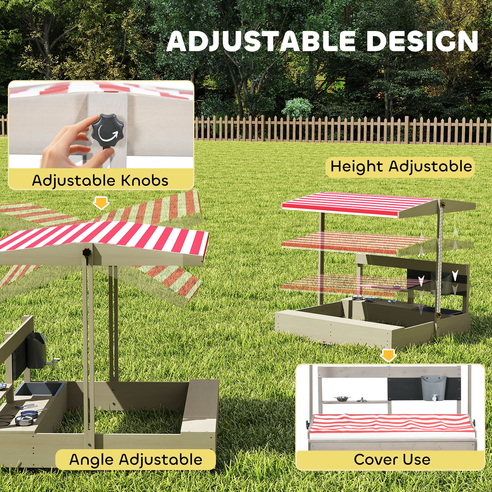 Kids Sandbox with Height Adjustable Canopy, Wooden Sandbox Backyard Toy with Kitchen Playset Accessories, Outdoor Activity Gift for Girls and Boys, Ages 3-7