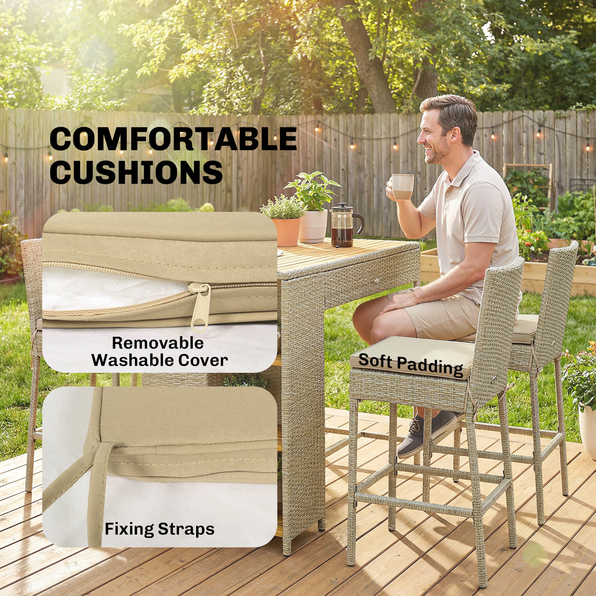 5 Piece Wicker Outdoor Bar Set, Acacia Wood Outdoor High Top Table and Chairs with 3 Tier Shelves, Cushions, Brown