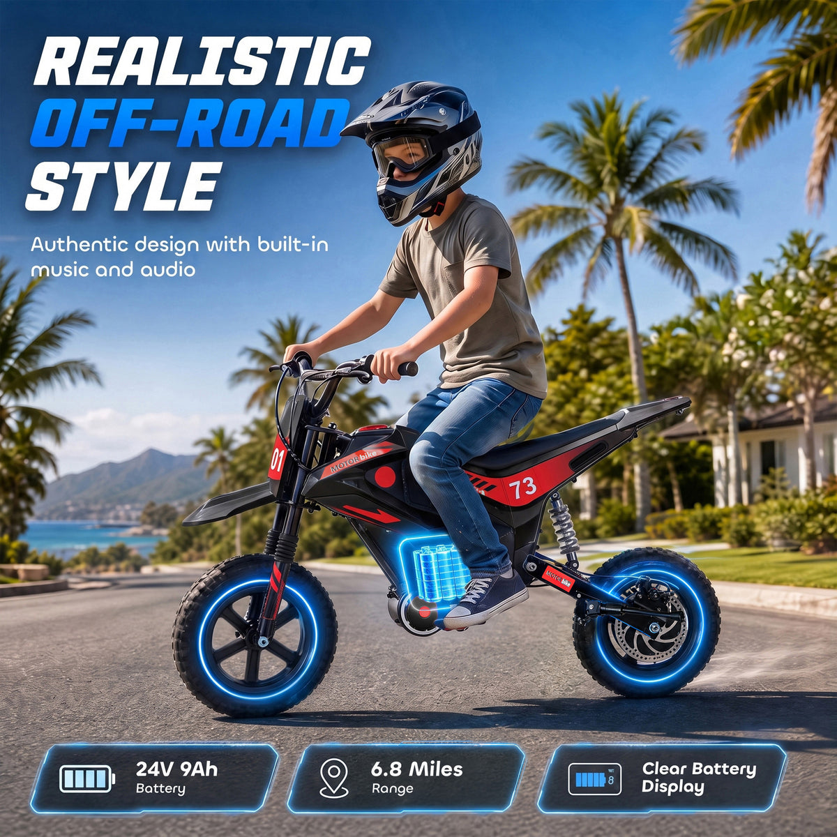 24V Kids Electric Motorcycle with 180W Brushless Motor, Suspension, Soft Start, 12" Rubber Tires for 6+ Years, Black