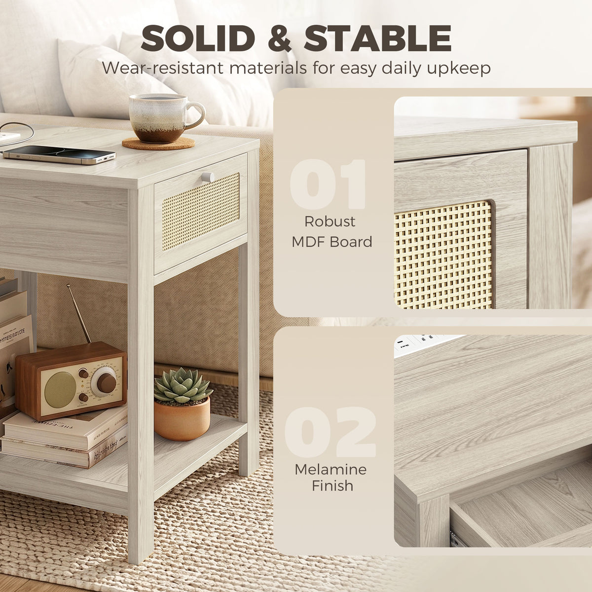 Boho Side Tables Set of 2 with Charging Station, End Tables with Drawer and Open Shelf for Living Room, Natural Wood