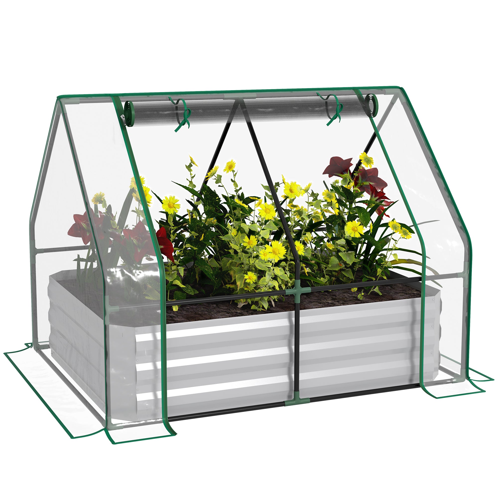 Raised Garden Bed with Cover, Outdoor Galvanized Metal Planter Box Kit, 4 x 3 ft Mini Greenhouse with 2 Large Screen Windows, for Growing Flowers, Vegetables and Herbs, Clear - Clear