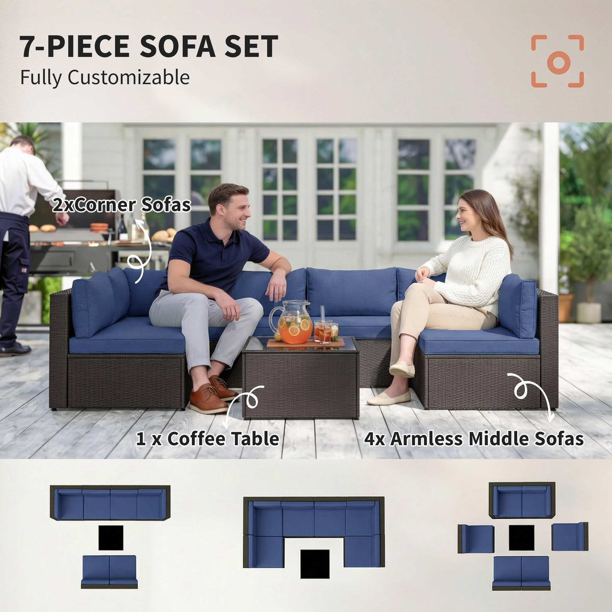 7 Piece Patio Furniture Set, All Weather PE Rattan Outdoor Furniture Conversation Sets with Glass Top Coffee Table