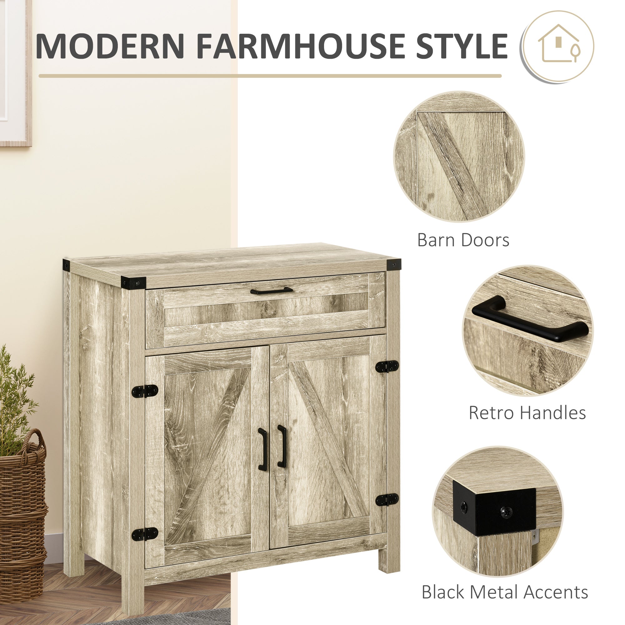 Modern Farmhouse Sideboard with Storage, Buffet Cabinet with 2 Barn Doors and Drawer for Dining Room, Oak