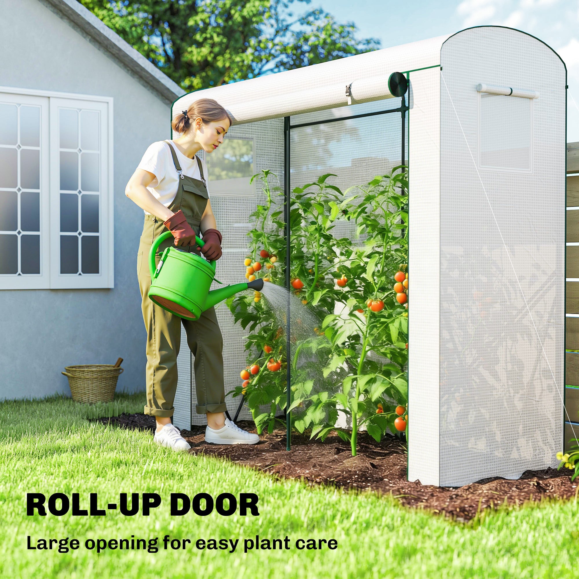 Mini Greenhouse, Portable Greenhouse with Roll-Up Door and 2 Mesh Windows, PE Cover, 78.7" x 29.5" x 74", White - White - Image 6