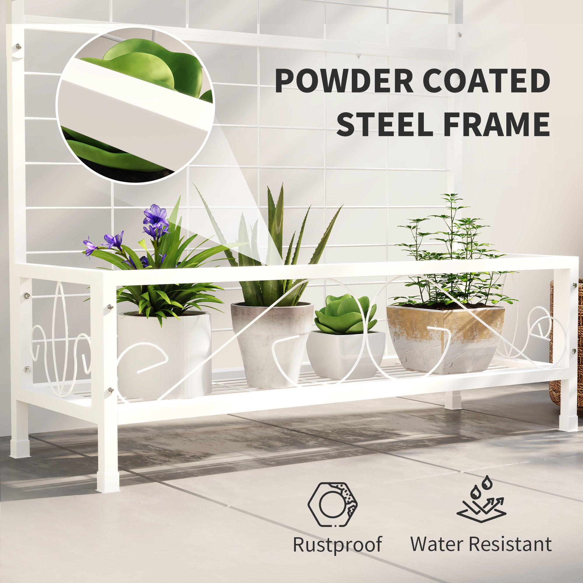 Metal Tall Plant Stand with Trellis and Hanging Bar, Plant Holder for Indoor Outdoor Use, 35" x 12.8" x 74", White - White - Image 5