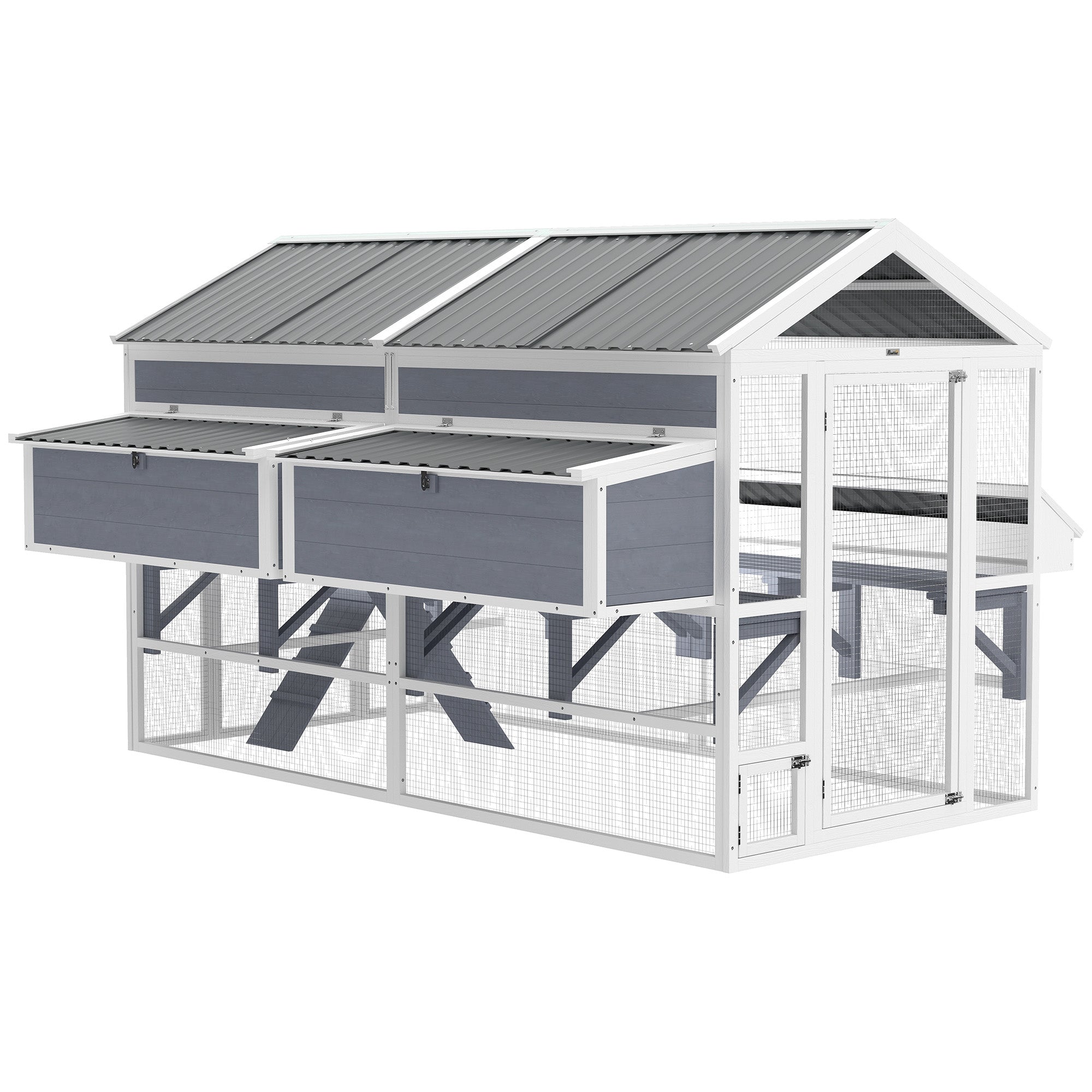 Wooden Chicken Coop, Outdoor Hen House with 2 Feeders, 2 Nesting Boxes, 2 Roosting Bars, Ramps, Waterproof Roof - Gray