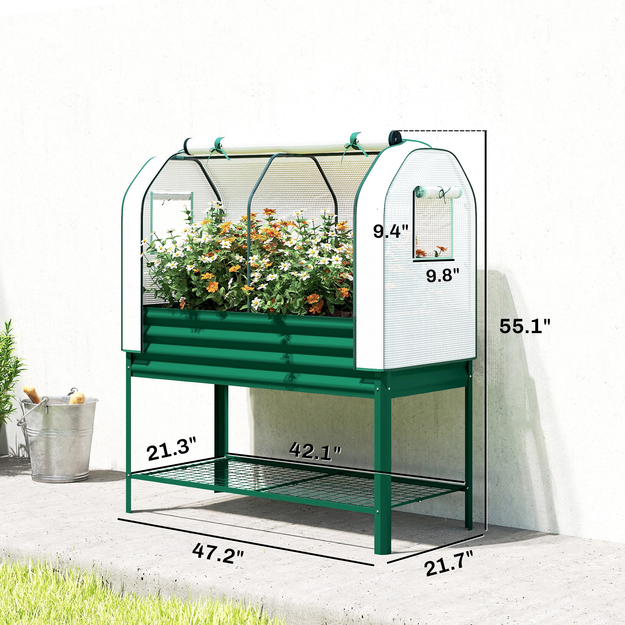 Galvanised Raised Garden Bed with Greenhouse Cover, Metal Elevated Garden Bed with Bed Liner, Bottom Shelf, Green - Green - Image 3